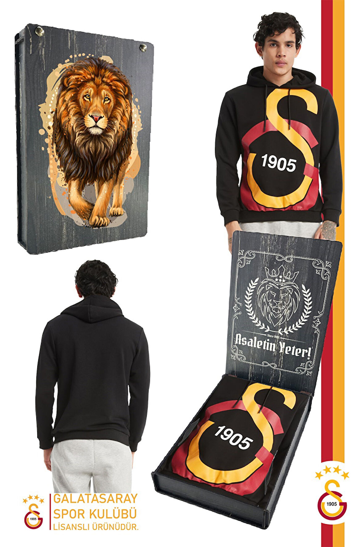 Galatasaray Orijinal Lisanslı Büyük Logo Kapüşonlu Erkek Sweat Gs Aslan Baskılı Hediyelik Kutulu