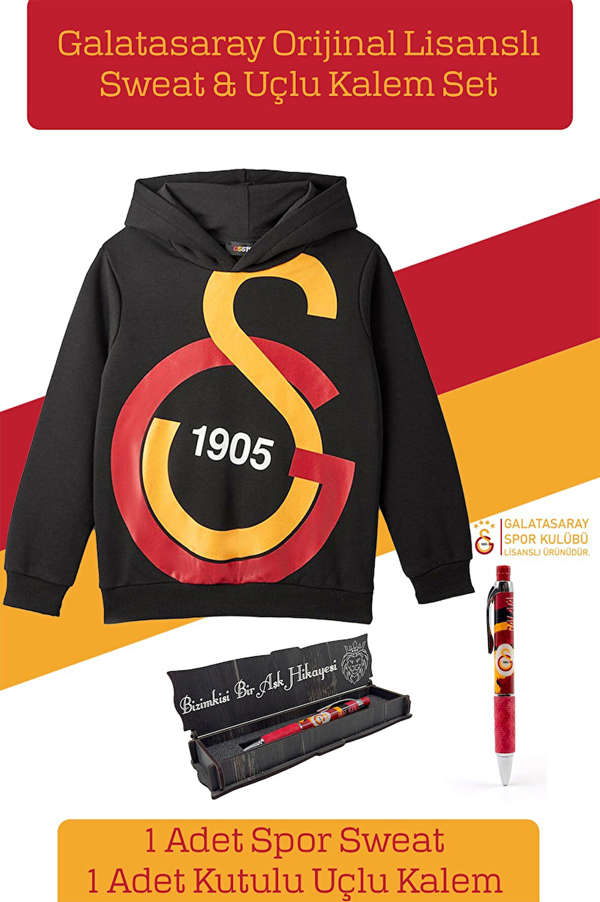 Galatasaray Orijinal Lisanslı Büyük Logo Çocuk Sweat + Uçlu Kalem Set 