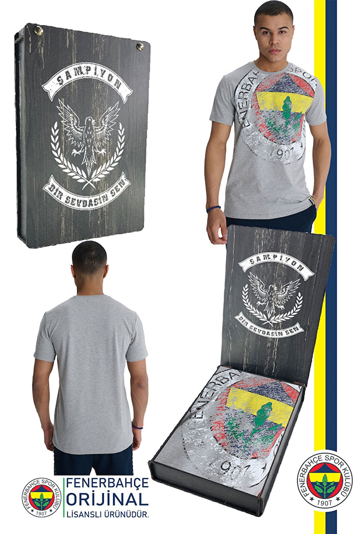 Fenerbahçe Orijinal Lisanslı 6 Renk Logo Gri Tribün T-Shirt Hediyelik Ahşap Kutulu