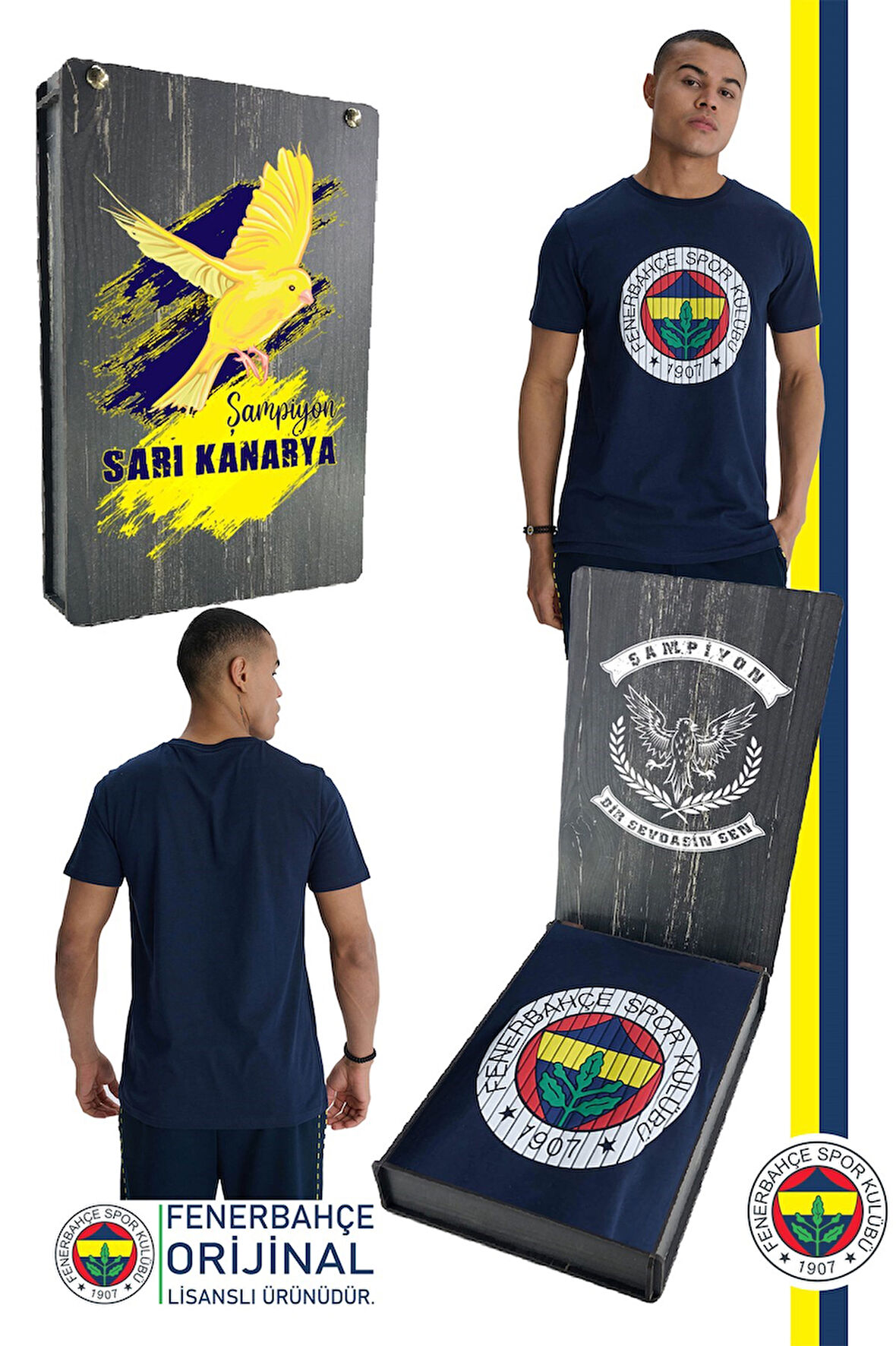 Fenerbahçe Orijinal Lisanslı Kabartma Logo Lacivert Tribün T-Shirt Hediyelik Ahşap Kutulu