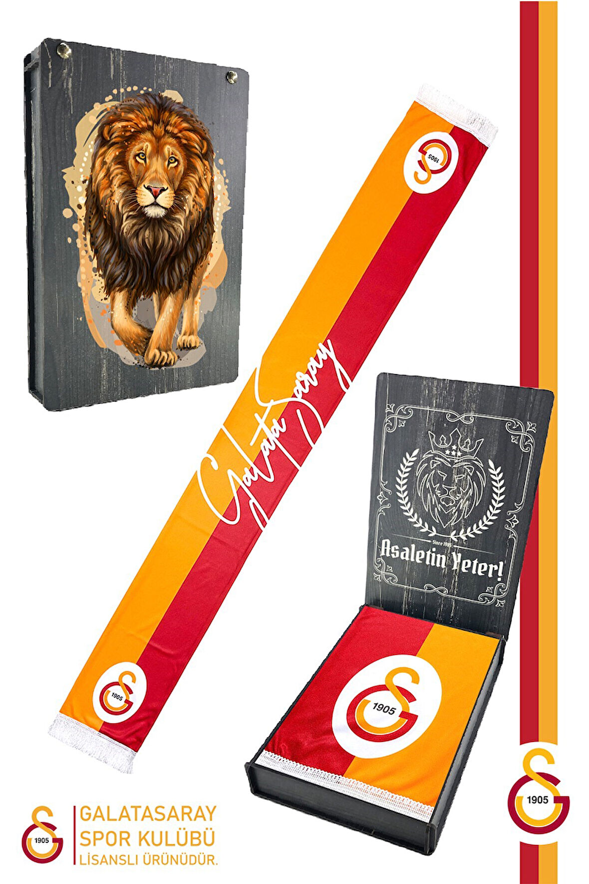 Galatasaray Orijinal Lisanslı Çift Yön Baskılı Şal Kaşkol Atkı Aslan Baskılı Ahşap Kutul