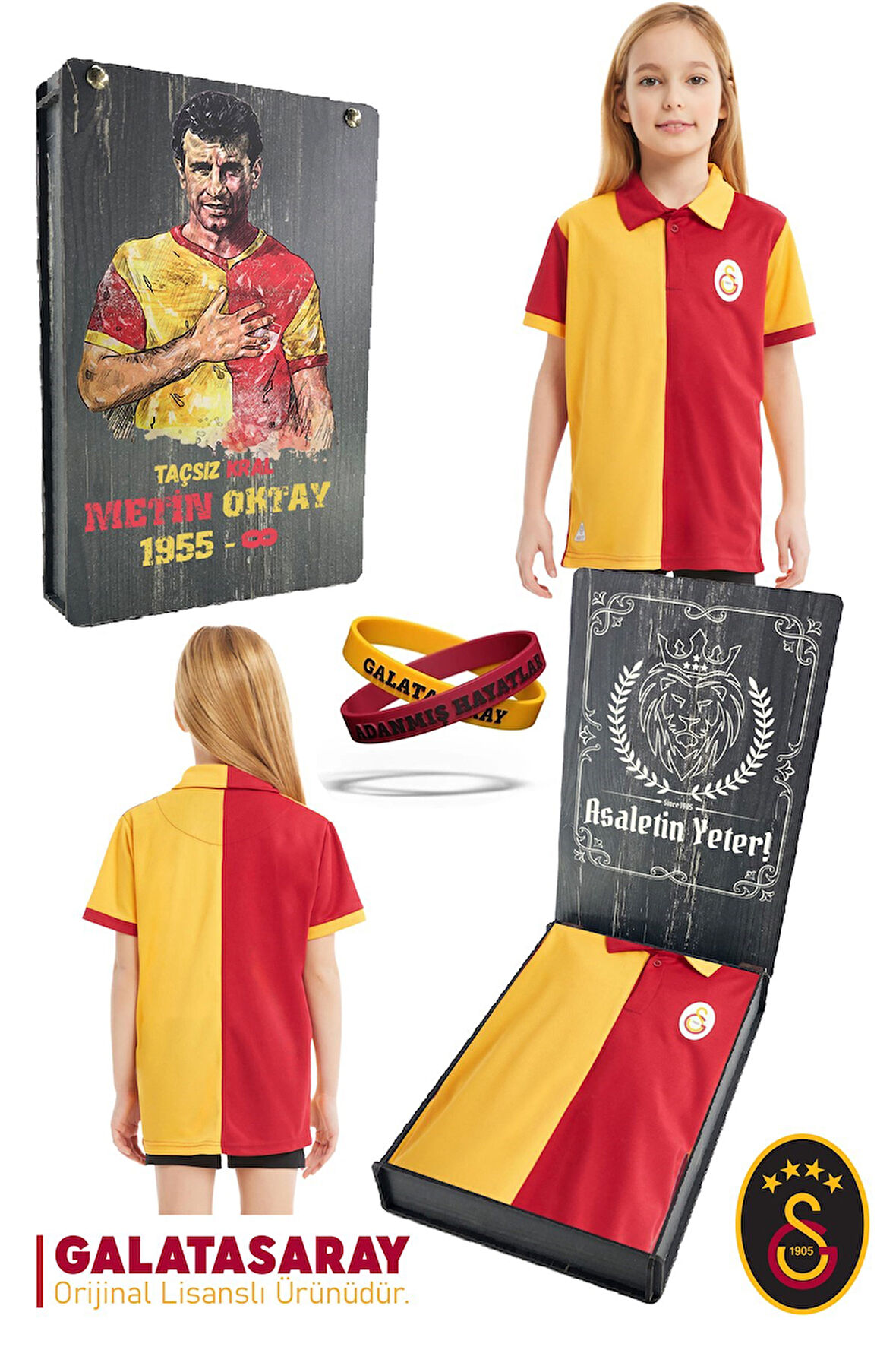 Galatasaray Orijinal Lisanslı Match Day Polo Çocuk T-shirt + Bileklik Set Hediyelik Ahşap Kutulu