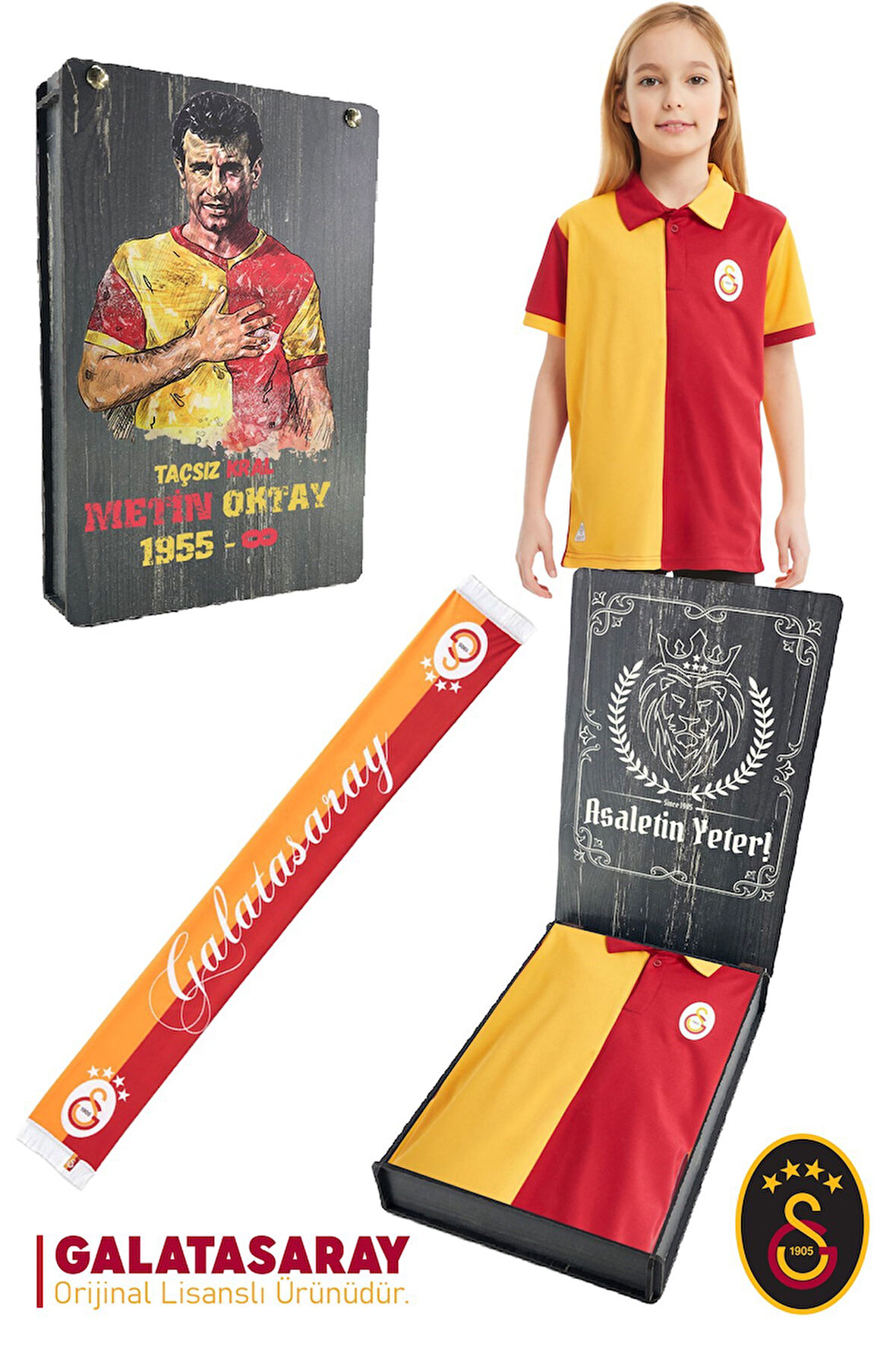 Galatasaray Orijinal Lisanslı Match Day Polo Çocuk T-shirt + Şal Kaşkol Set Hediyelik Ahşap Kutulu
