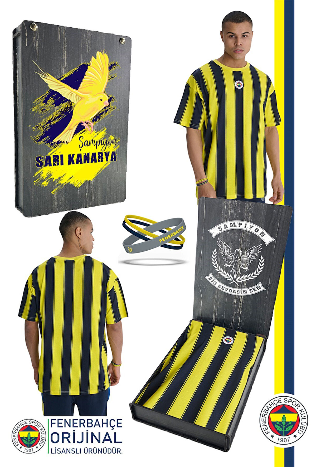 Fenerbahçe Orijinal Lisanslı Sarı Lacivert Çubuklu Erkek T-Shirt+Bileklik Set Hediyelik Ahşap Kutulu