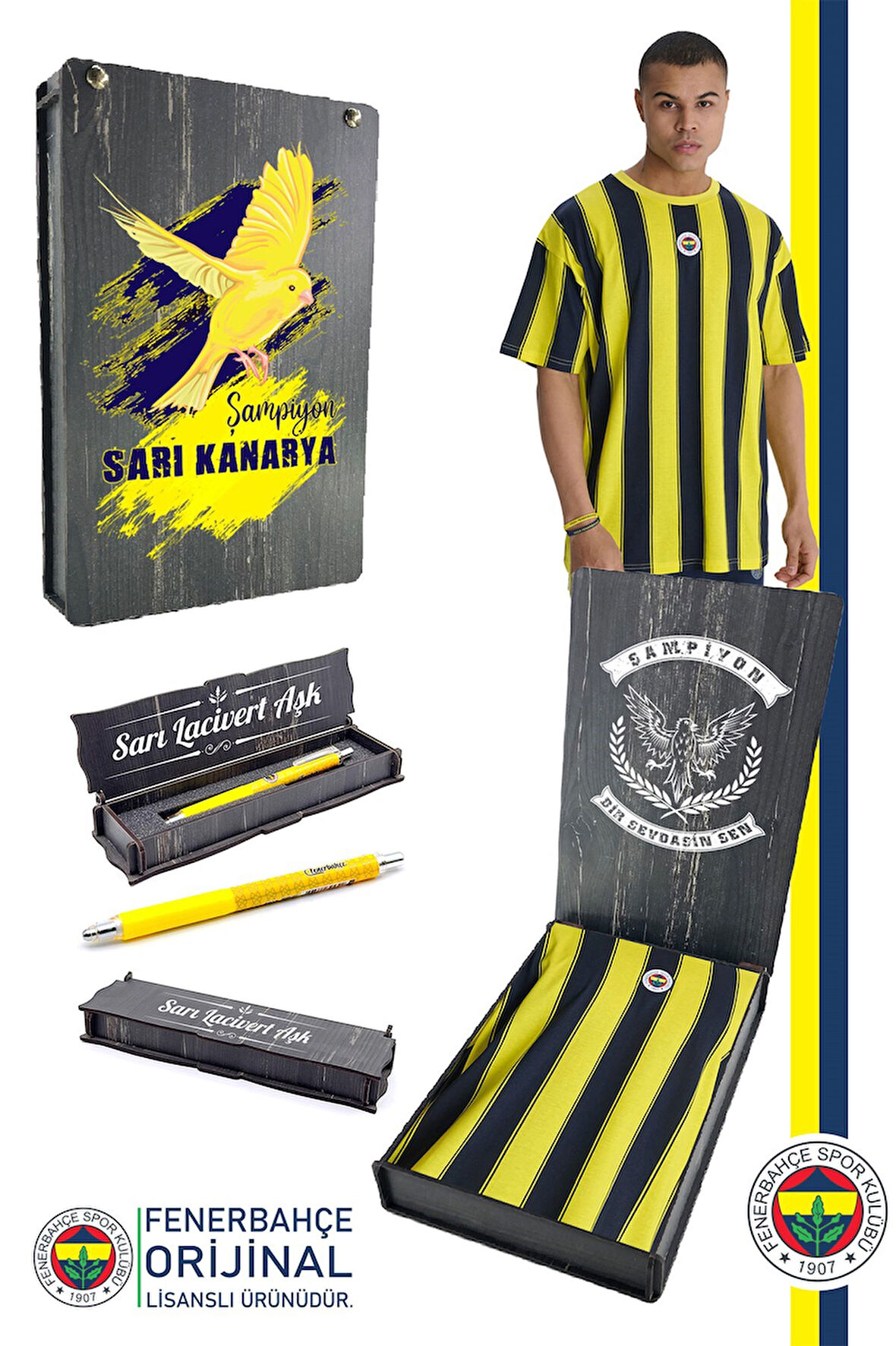 Fenerbahçe Orijinal Lisanslı Sarı Lacivert Çubuklu Erkek T-Shirt + Kalem Set Hediyelik Ahşap Kutulu