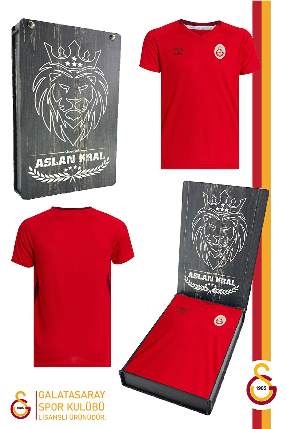 Galatasaray Orijinal Lisanslı Umbro V Yaka Kırmızı T-Shirt Hediyelik Ahşap Kutulu