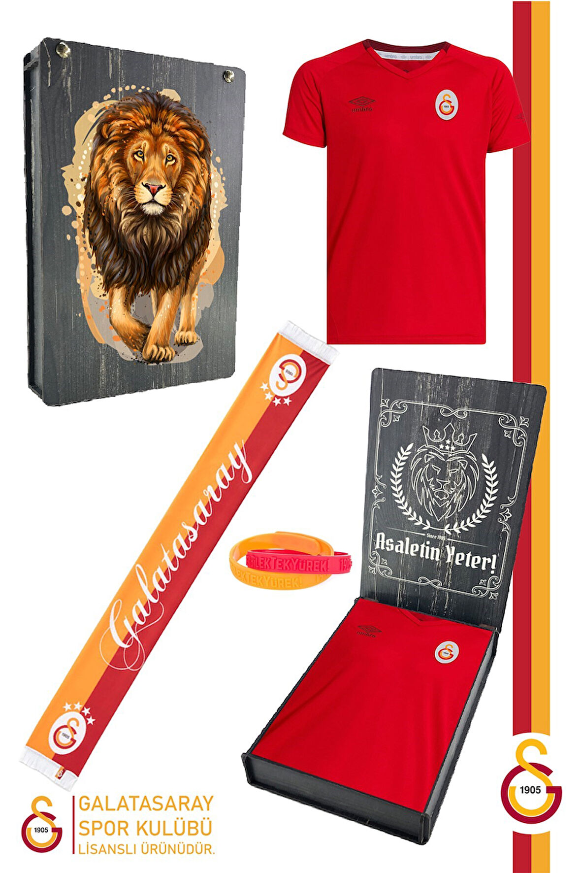 Galatasaray Orijinal Lisanslı Umbro V Yaka Kırmızı T-Shirt + Bileklik + Atkı Set Hediyelik Kutulu