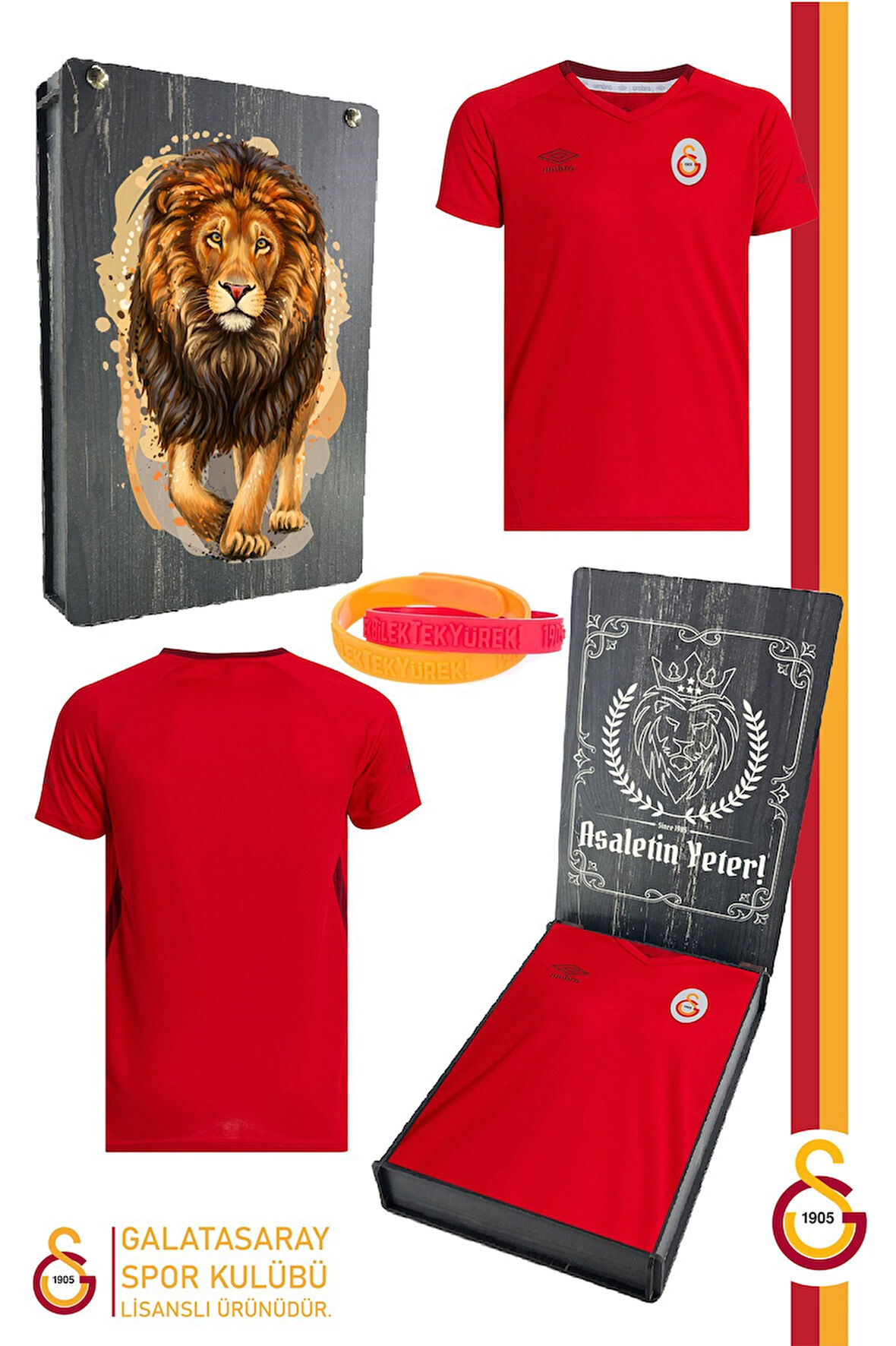 Galatasaray Orijinal Lisanslı Umbro V Yaka Kırmızı T-Shirt + Bileklik Set Hediyelik Ahşap Kutulu