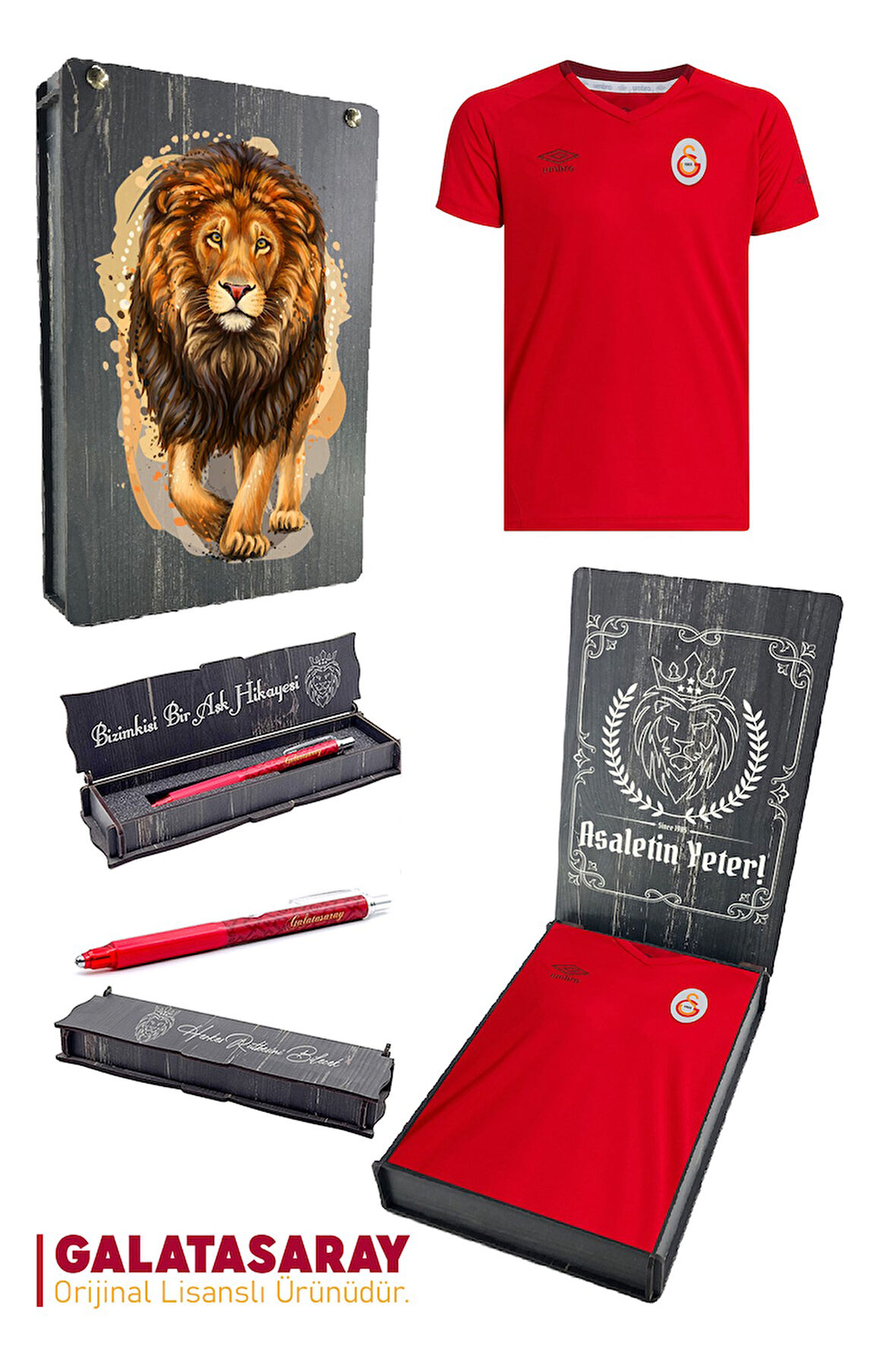Galatasaray Orijinal Lisanslı Umbro V Yaka Kırmızı T-Shirt + Uçlu Kalem Set Hediyelik Ahşap Kutulu