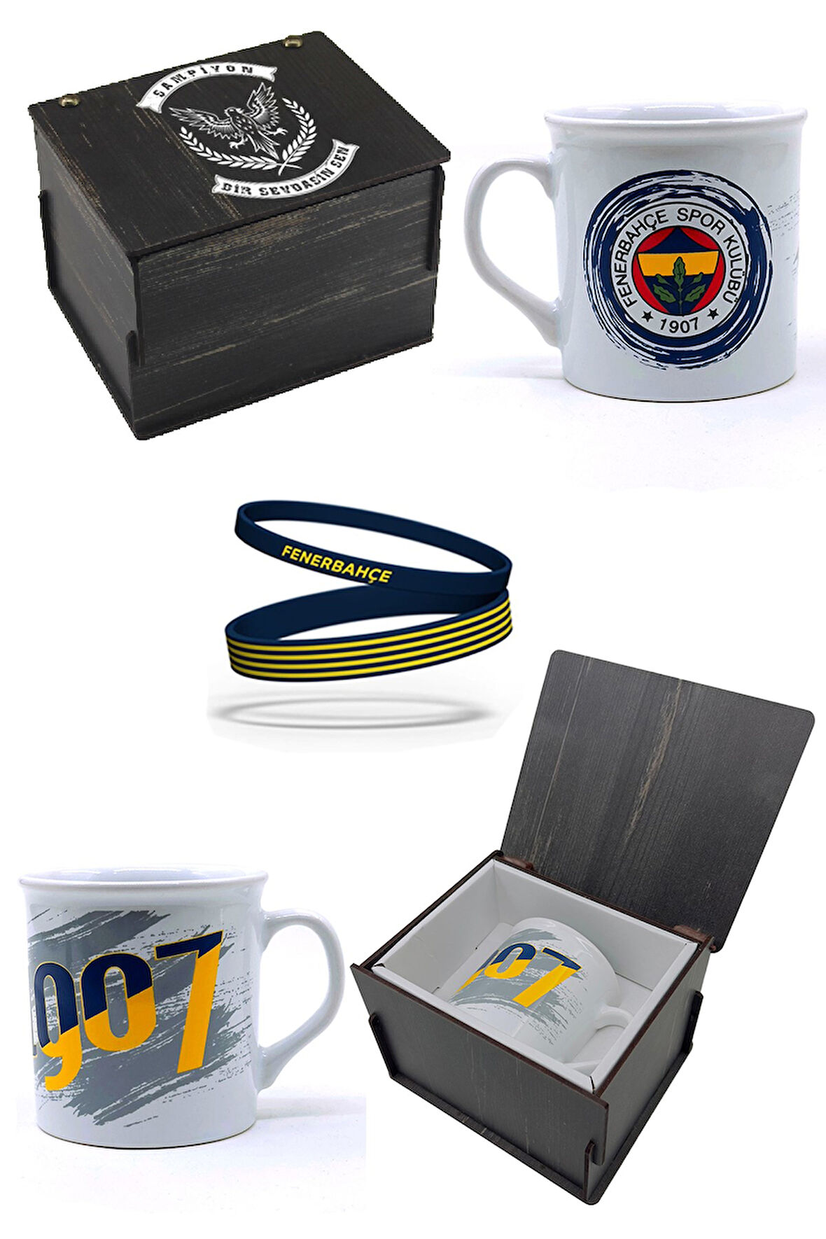 Fenerbahçe Orijinal Kupa Mug Bileklik Set Özel Ahşap Kutulu