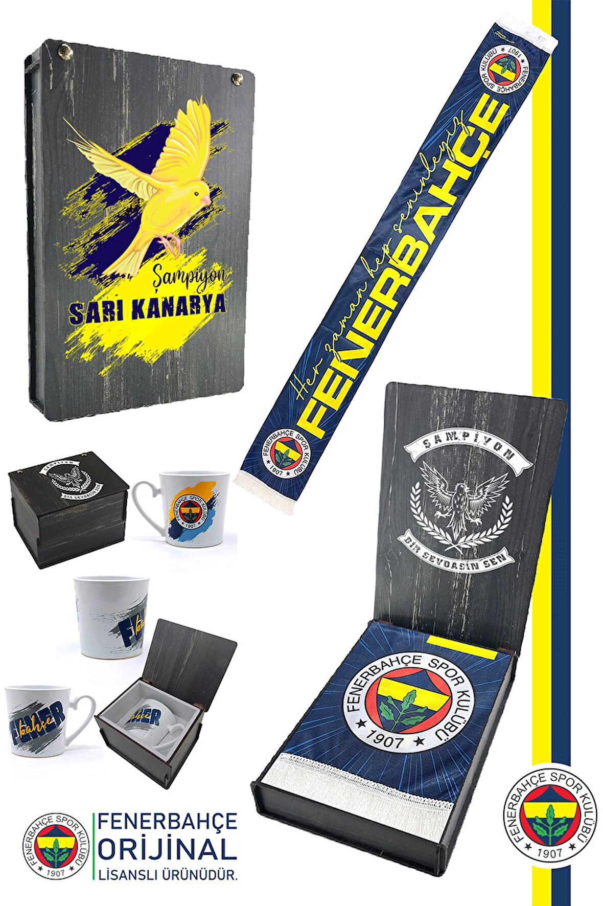 Fenerbahçe Orijinal Lisanslı Her Zaman Hep Seninleyiz Şal Atkı Seramik Kupa Set Baskılı Ahşap Kutulu