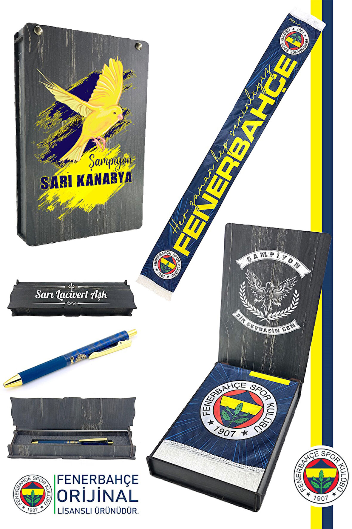 Fenerbahçe Orijinal Lisanslı Her Zaman Hep Seninleyiz Şal Atkı ve Hybrt Tükenmez Kalem Set Kutulu