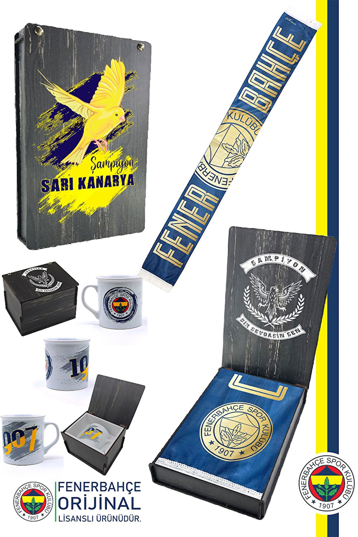 Fenerbahçe Orijinal Lisanslı Canım Feda Olsun Fenerbahçe Şal Atkı Seramik Kupa Set Ahşap Kutulu