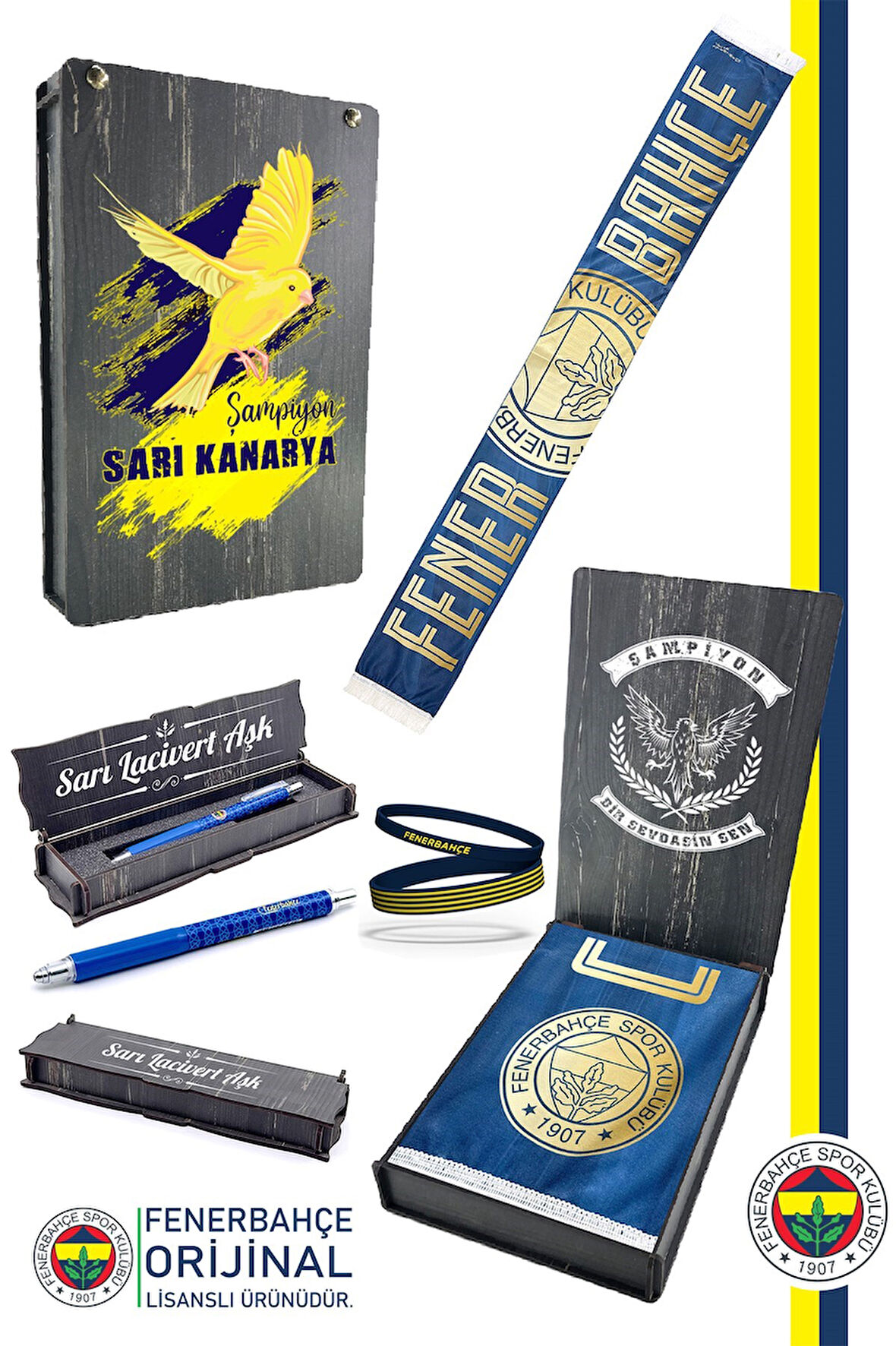 Fenerbahçe Orijinal Lisanslı Canım Feda Olsun Şal Atkı Bileklik ve Premium Uçlu Kalem Set Ahşap Kutu