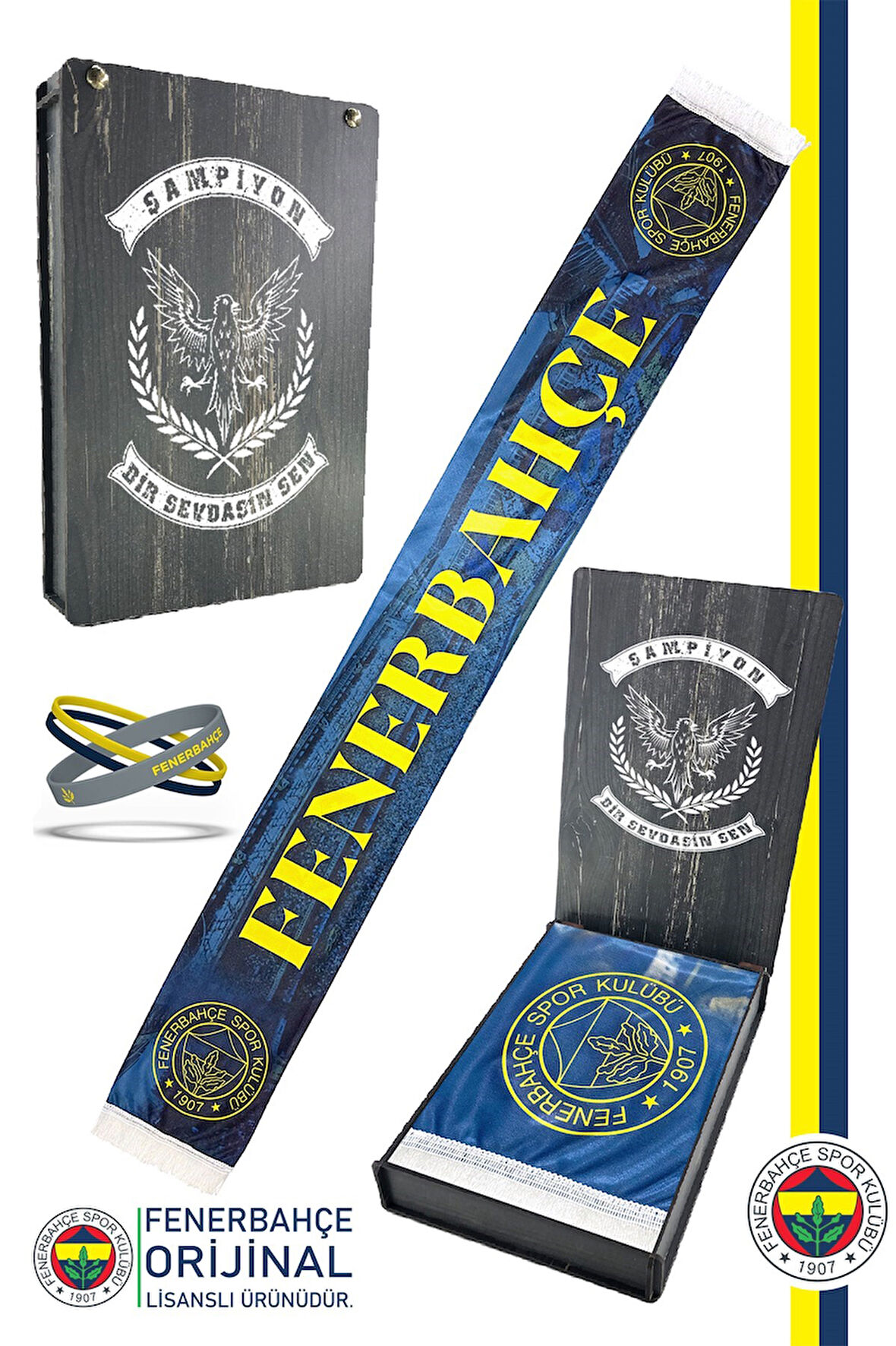 Fenerbahçe Orijinal Lisanslı Bir Şarkısın Sen Fenerbahçe Şal Atkı ve Bileklik Set Ahşap Kutulu