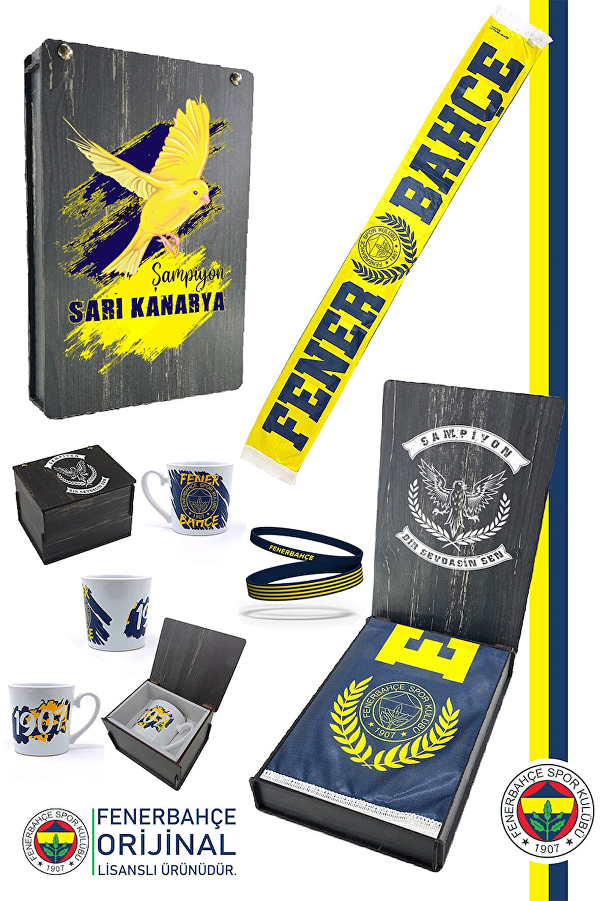 Fenerbahçe Orijinal Lisanslı Established 1907 FB Şal Atkı Kupa ve Bileklik Set Hediyelik Kutulu