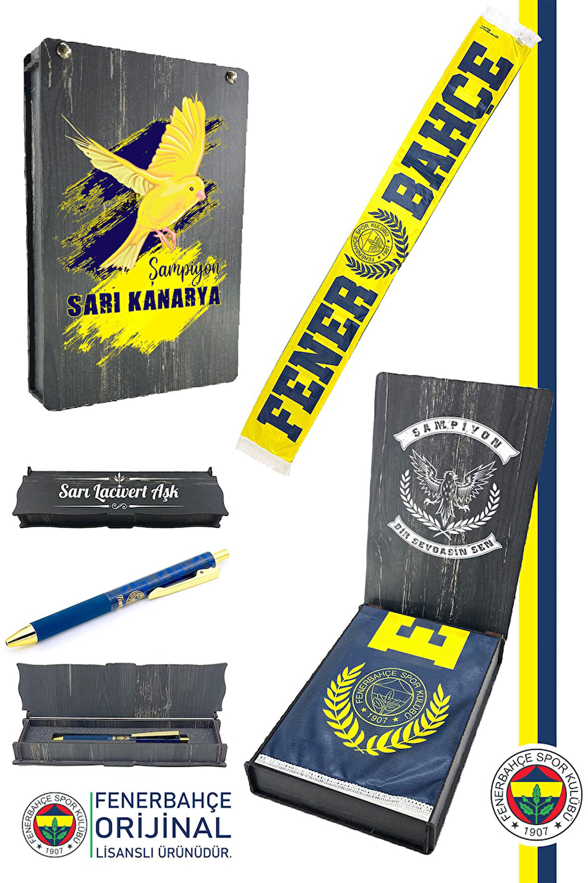 Fenerbahçe Orijinal Lisanslı Established 1907 Fenerbahçe Şal Atkı ve Hybrt Tükenmez Ahşap Kutulu