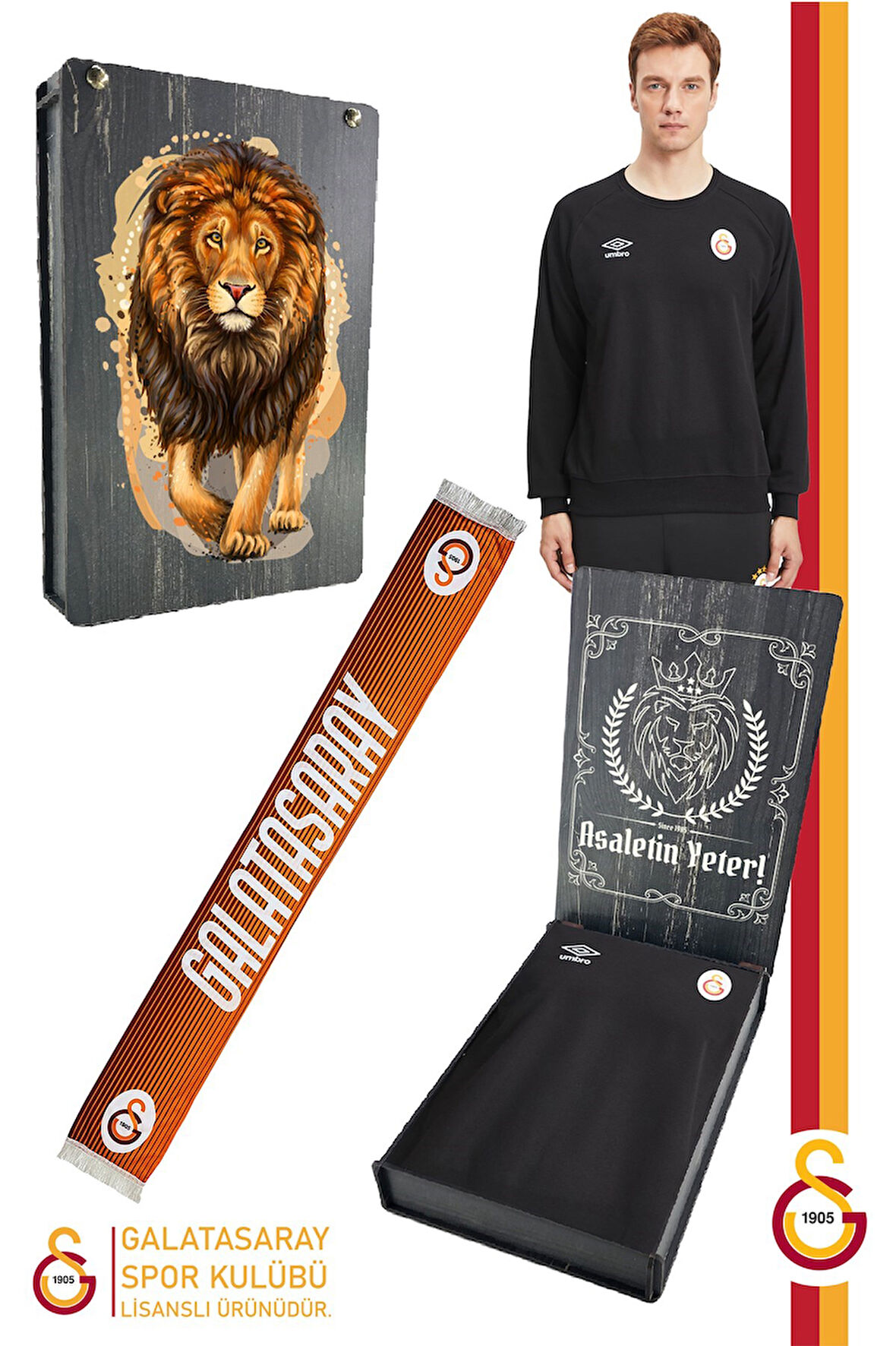 Galatasaray Orijinal Lisanslı Sıfır Yaka Siyah Sweat Şal Kaşkol Set Hediyelik Ahşap Kutulu