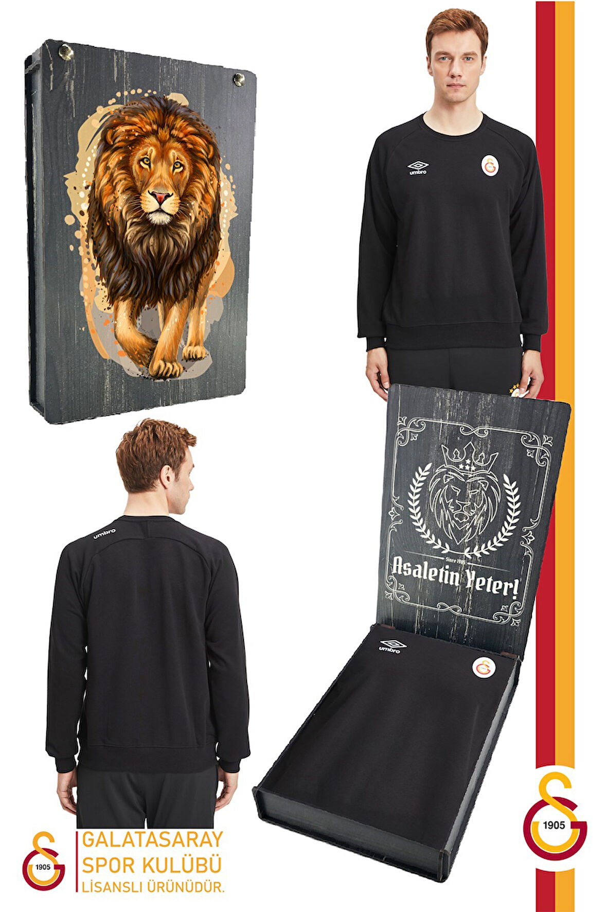 Galatasaray Orijinal Lisanslı Sıfır Yaka Siyah Sweat Gs Aslan Baskılı Hediyelik Ahşap Kut