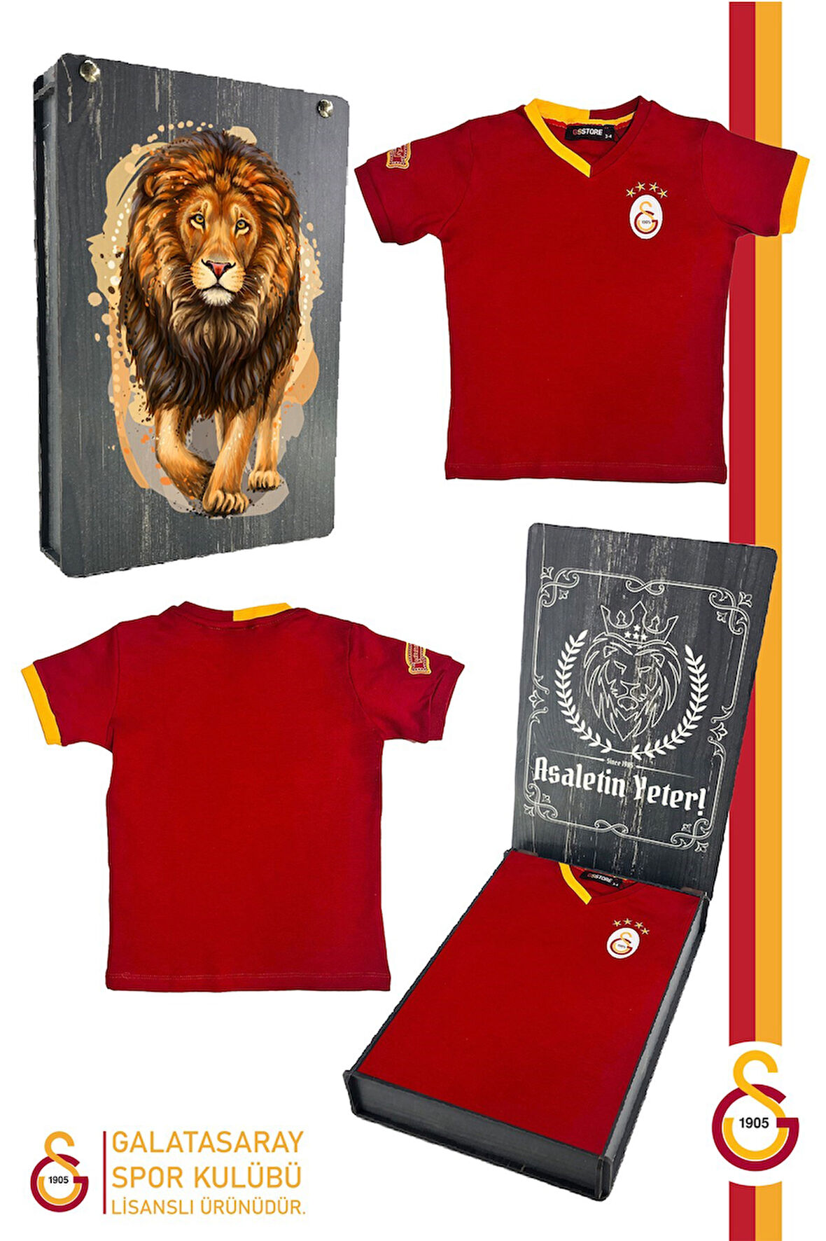 Galatasaray Orijinal Lisanslı Kırmızı Basic Çocuk T-shirt Gs Aslan Baskılı Hediyelik Ahşap Kutulu