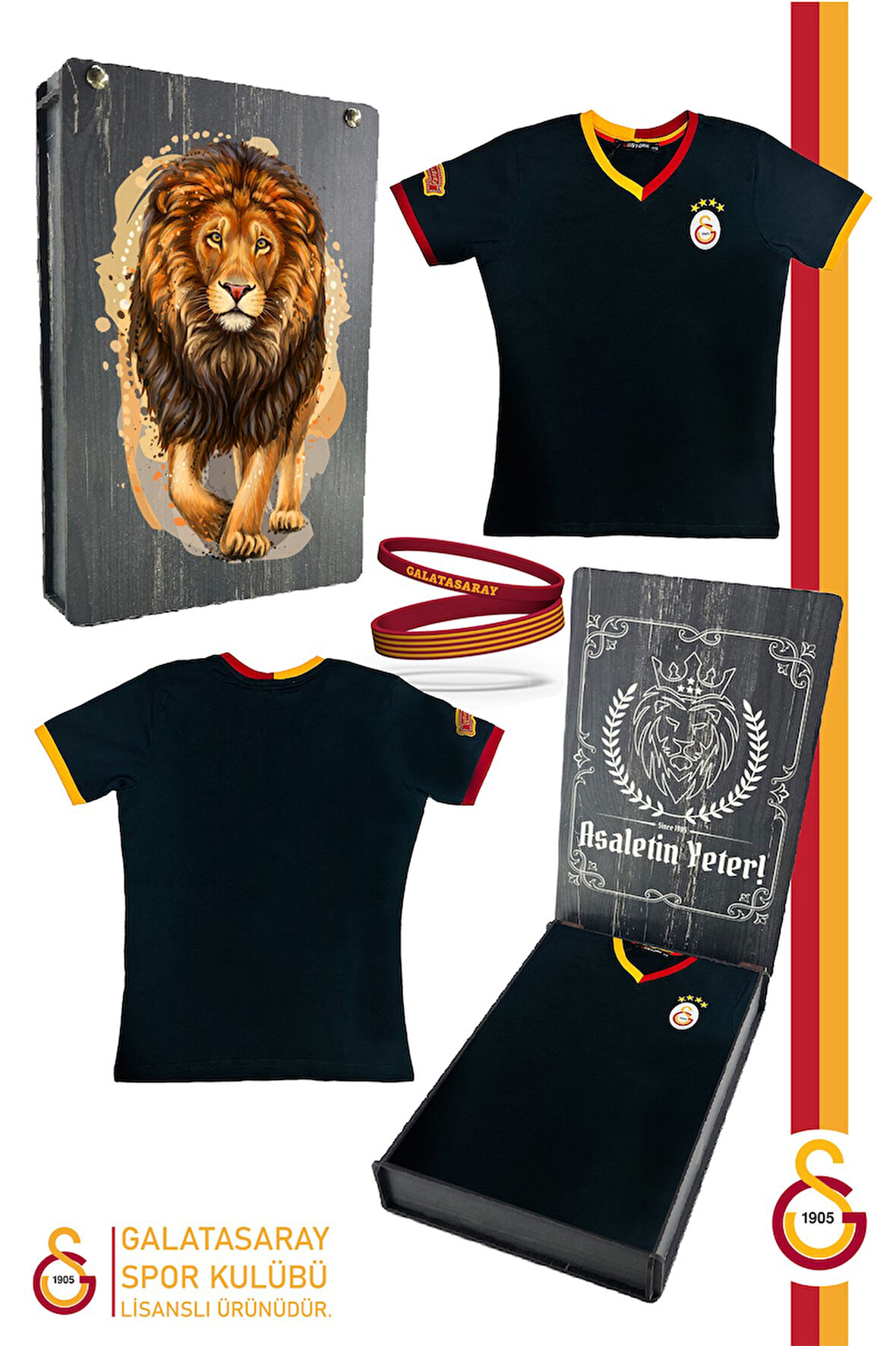 Galatasaray Orijinal Lisanslı Siyah Basic Çocuk T-shirt + Bileklik Set Hediyelik Ahşap Kutulu