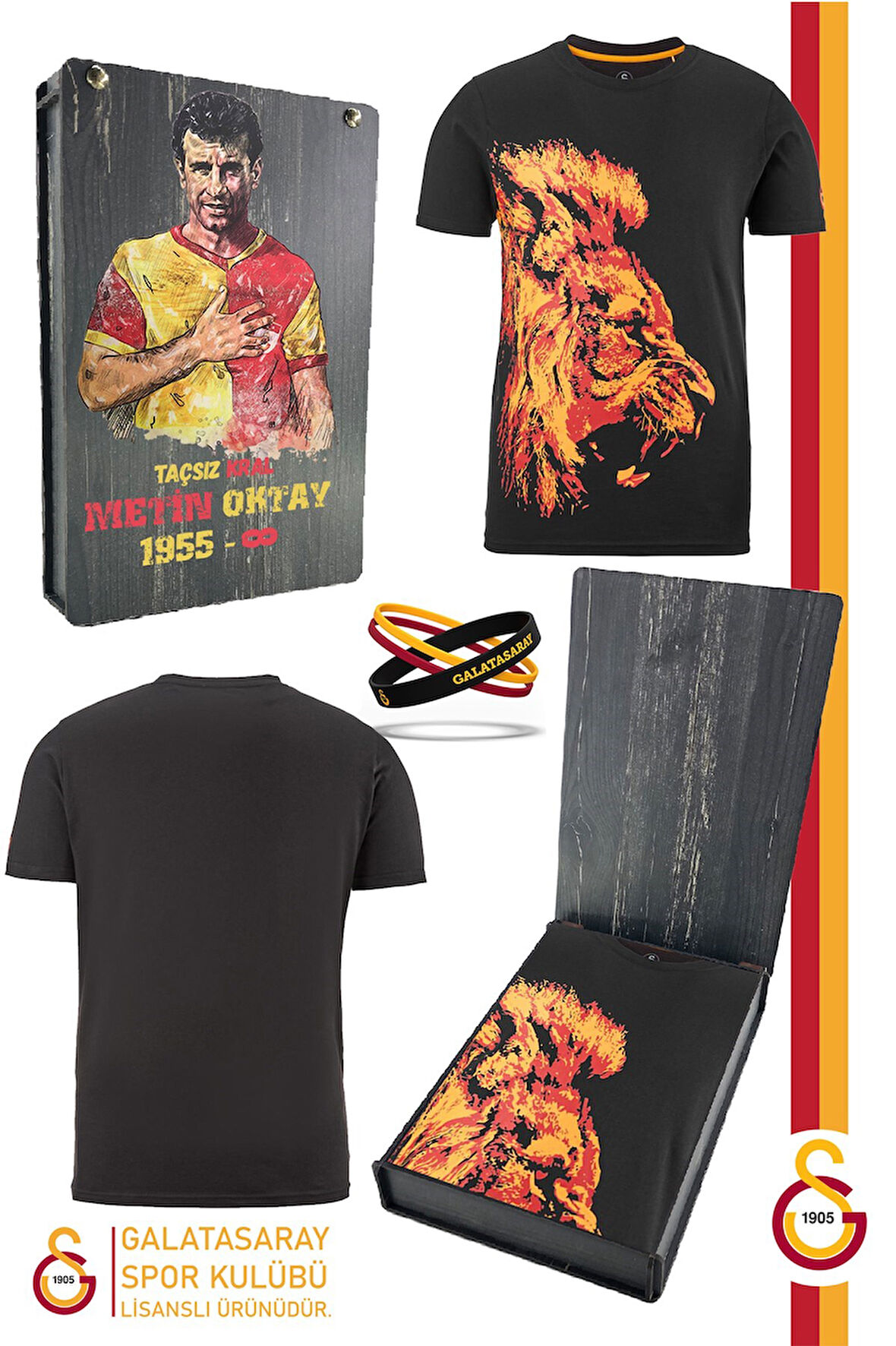 Galatasaray Orijinal Lisanslı Aslan Baskılı T-Shirt + Bileklik Set Hediyelik Ahşap Kutulu