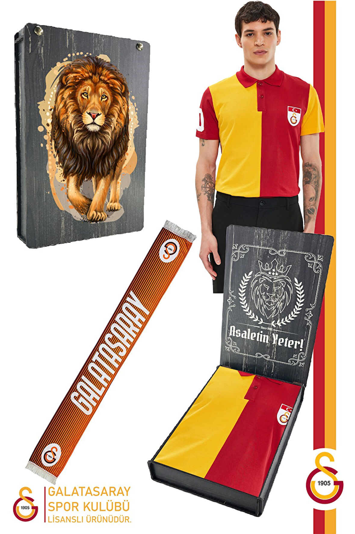 Galatasaray Orijinal Lisanslı Polo Yaka Metin Oktay T-Shirt + Şal Kaşkol Set Hediyelik Ahşap Kutulu