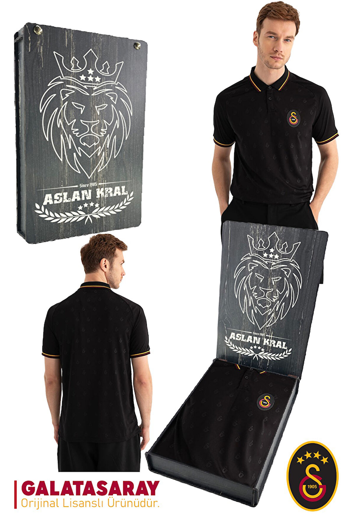 Galatasaray Orijinal Lisanslı Match Day Polo Yaka Siyah T-Shirt Hediyelik Ahşap Kutulu