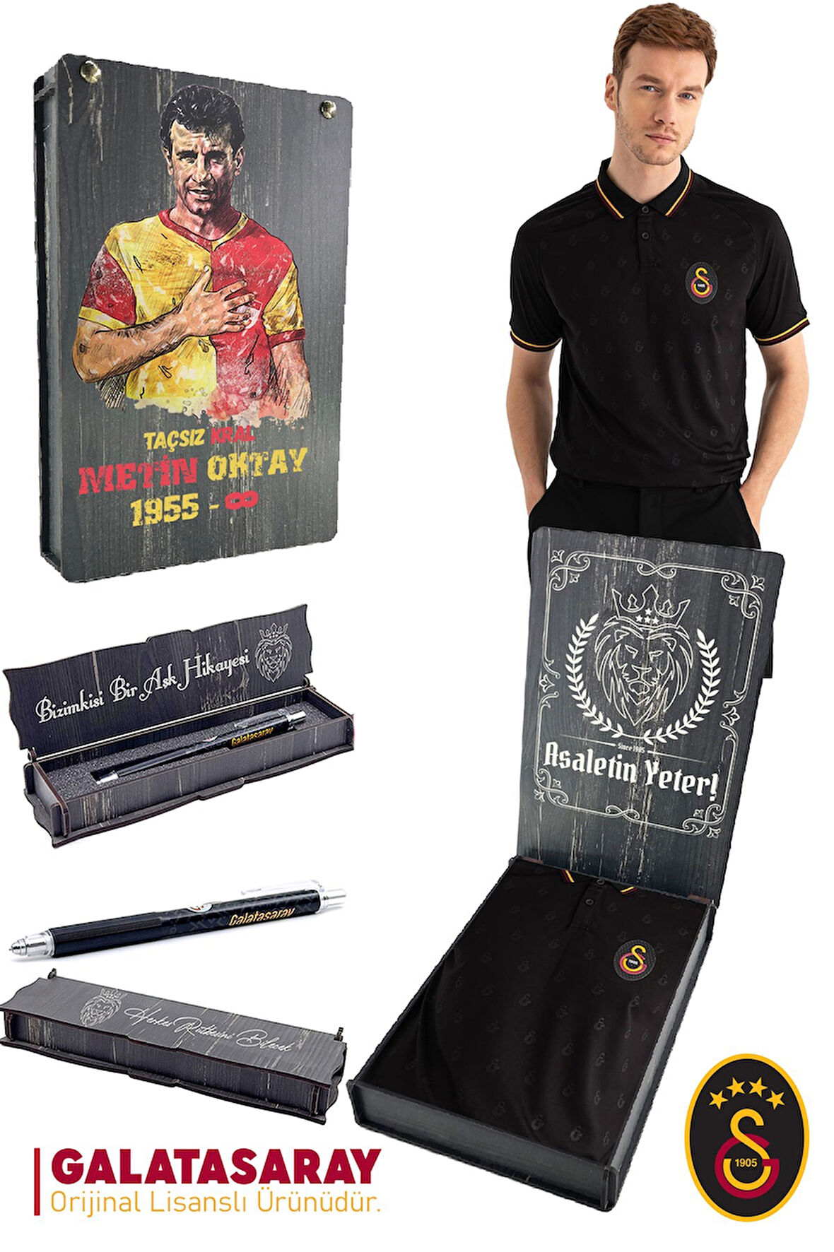 Galatasaray Orijinal Lisanslı Match Day Siyah T-Shirt + Uçlu Kalem Set Hediyelik Ahşap Kutulu