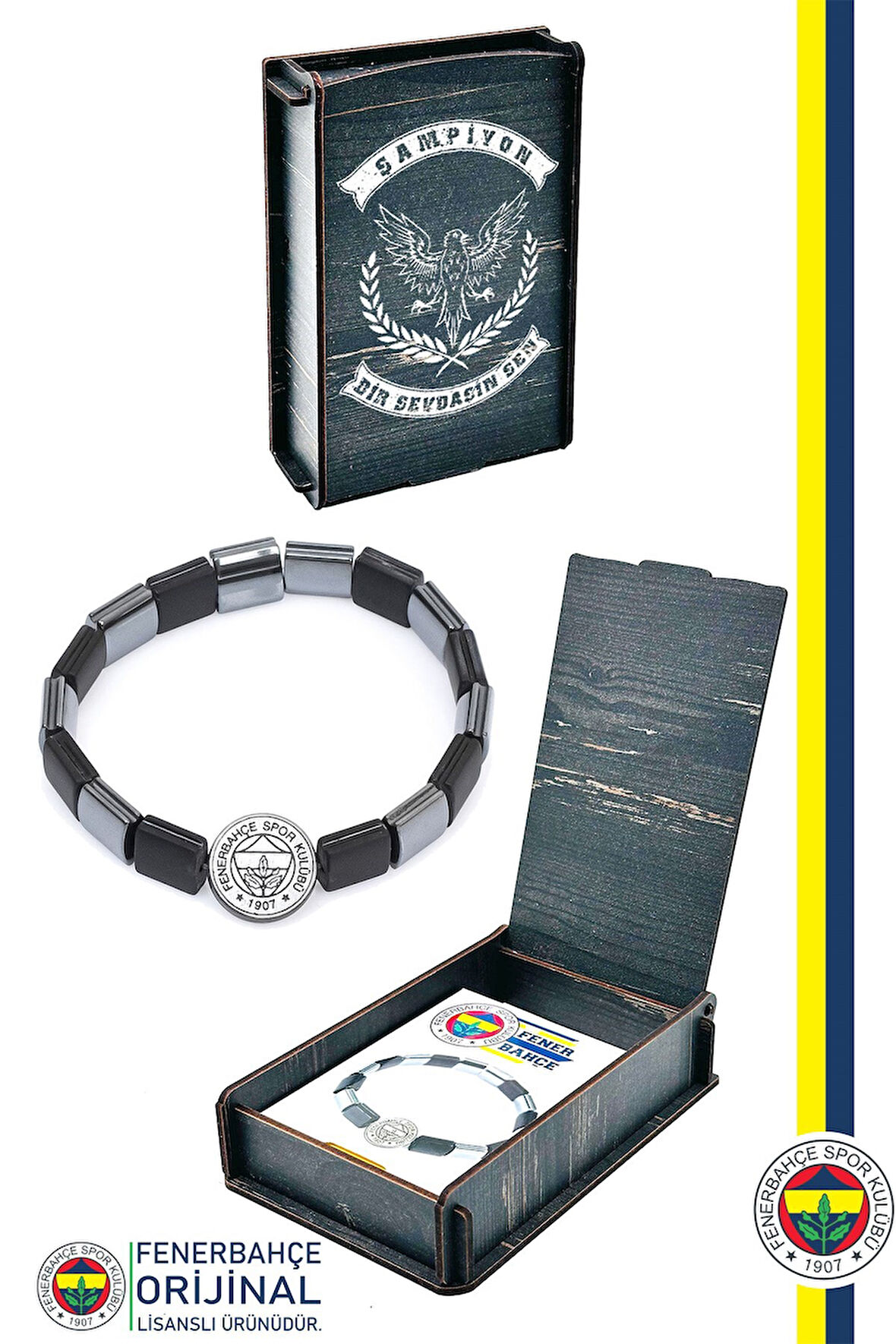 FB BLK 021 Fenerbahçe Orijinal Lisanslı Fb Logo Mat Onix Doğaltaş Bileklik Hediyelik Ahşap Kutulu