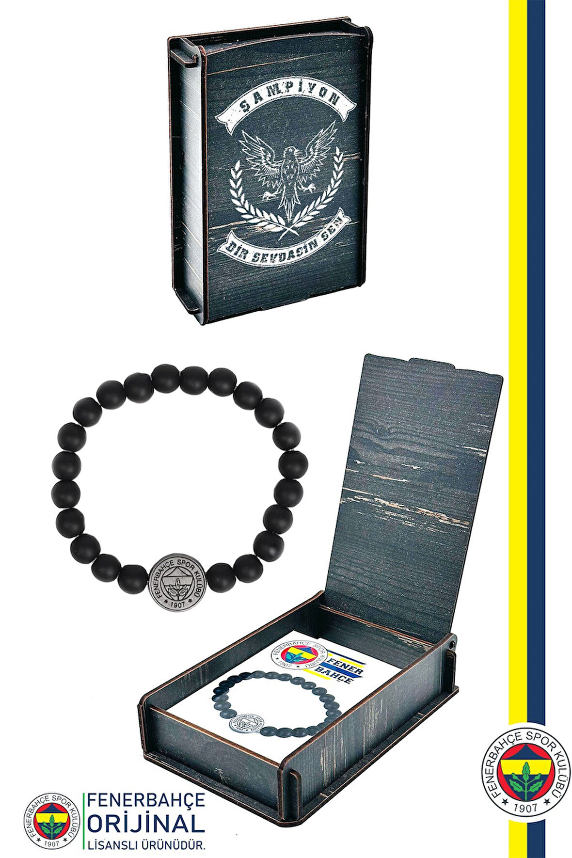 Fenerbahçe Orijinal Lisanslı FB Logo Mat Onix Doğaltaş Bileklik Hediyelik Ahşap Kutulu