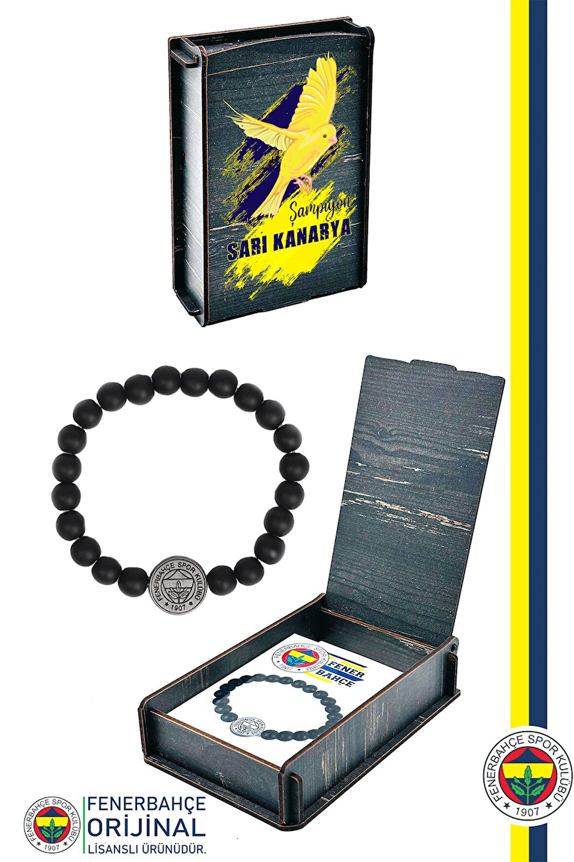 FB BLK 022 Fenerbahçe Orijinal Lisanslı FB Logo Mat Onix Doğaltaş Bileklik Kanarya Baskılı Hediyelik