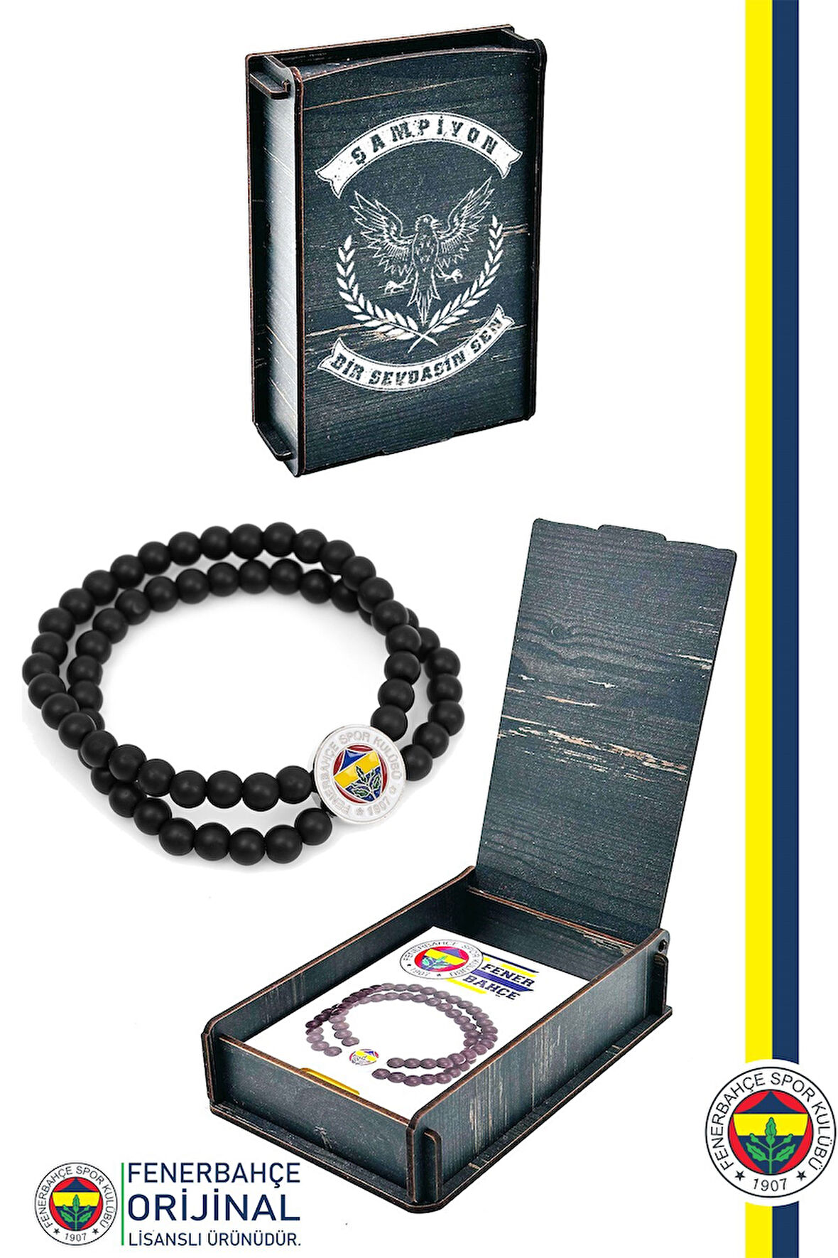 FB BLK 023 Fenerbahçe Orijinal Lisanslı Fb Logo Çiftli Mat Onix Doğaltaş Bileklik Hediyelik Ahşap Ku