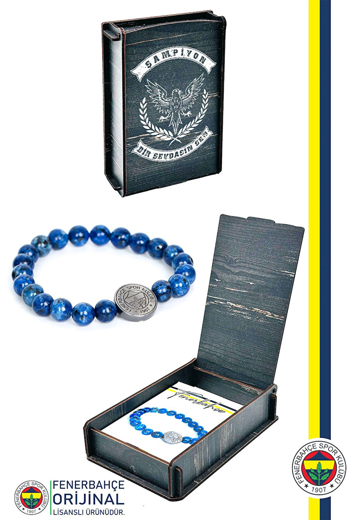 Fenerbahçe Orijinal Lisanslı Fb Lapis (8mm) Doğaltaş Bileklik Hediyelik Ahşap Kutulu