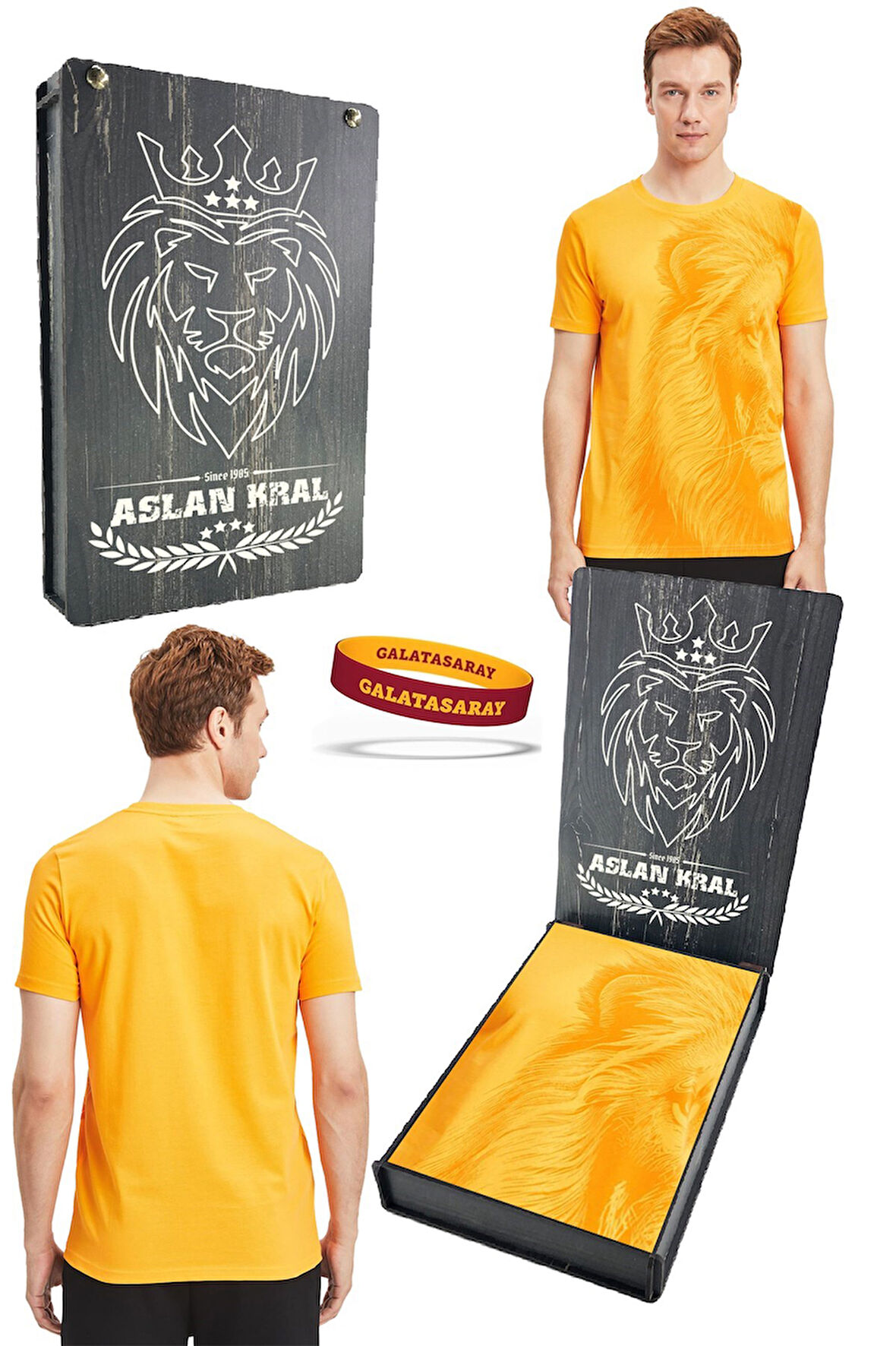 Galatasaray Orijinal Lisanslı Aslan Baskılı Sarı T-Shirt + Bileklik Set Hediyelik Ahşap 