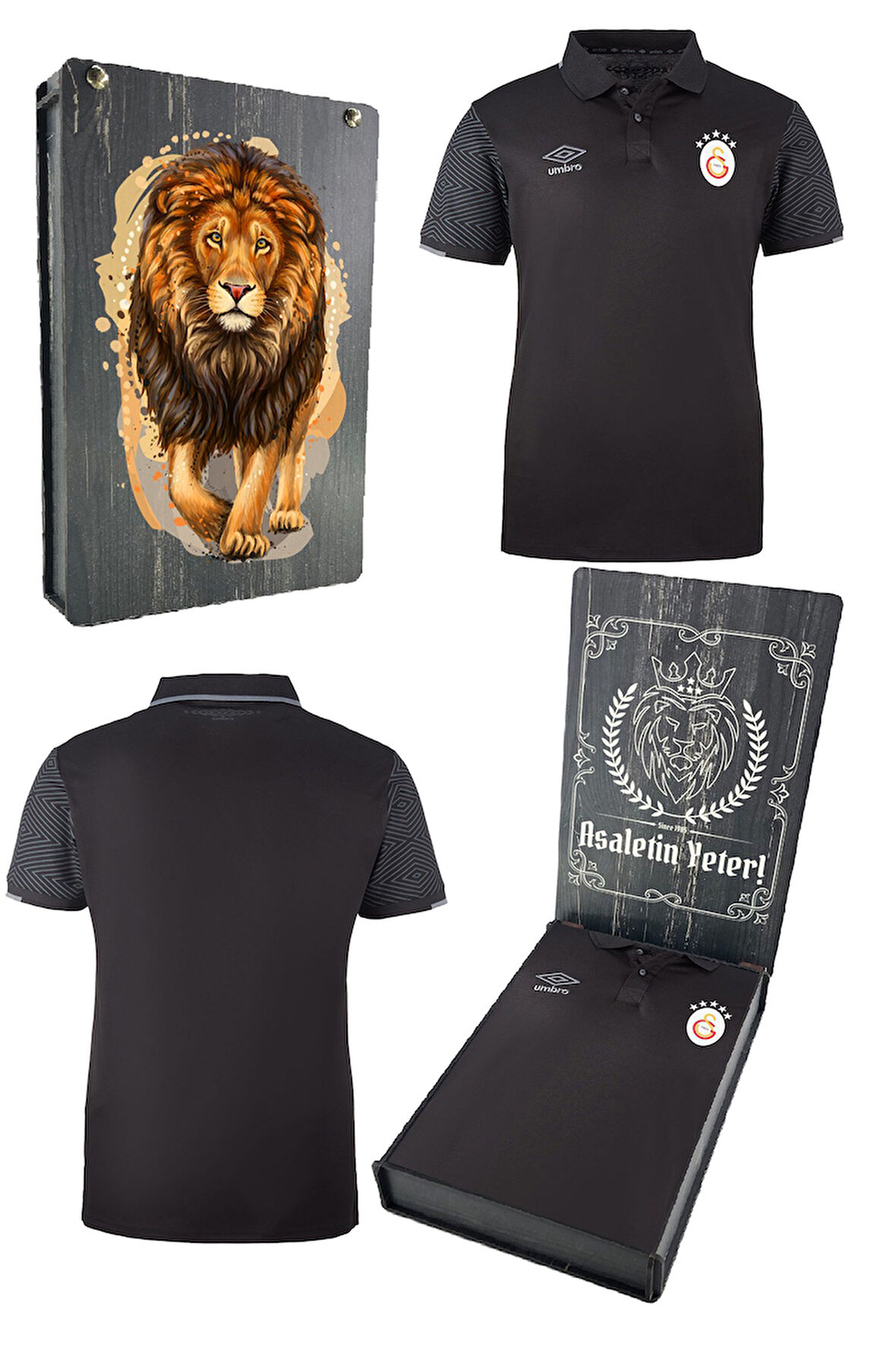 Galatasaray Orijinal Lisanslı 5 Yıldızlı Polo Yaka Siyah T-Shirt Gs Hediyelik Ahşap Kutu