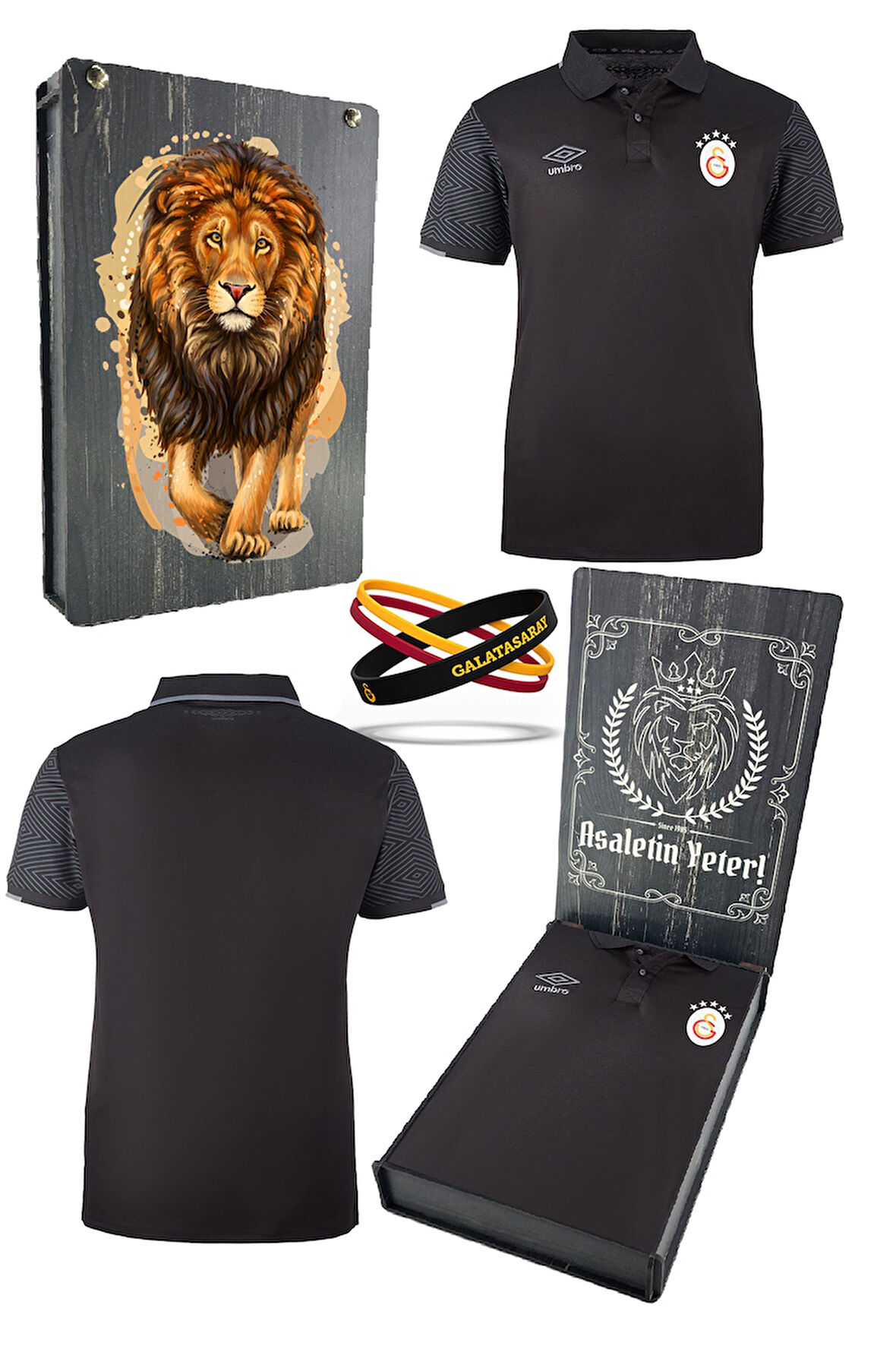 Galatasaray Orijinal Lisanslı 5 Yıldızlı Polo Yaka Siyah T-Shirt + Bileklik Set Hediyeli