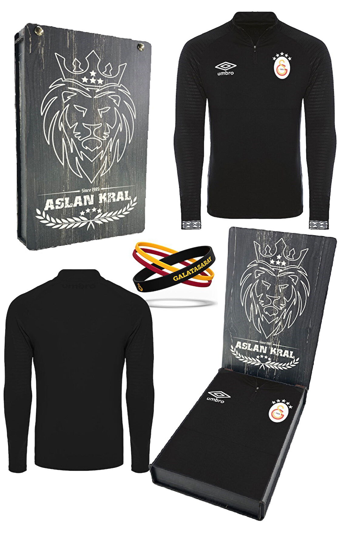 Galatasaray Orijinal Lisanslı Yarım Fermuar 5 Yıldızlı Siyah Sweat + Silikon Bileklik Set