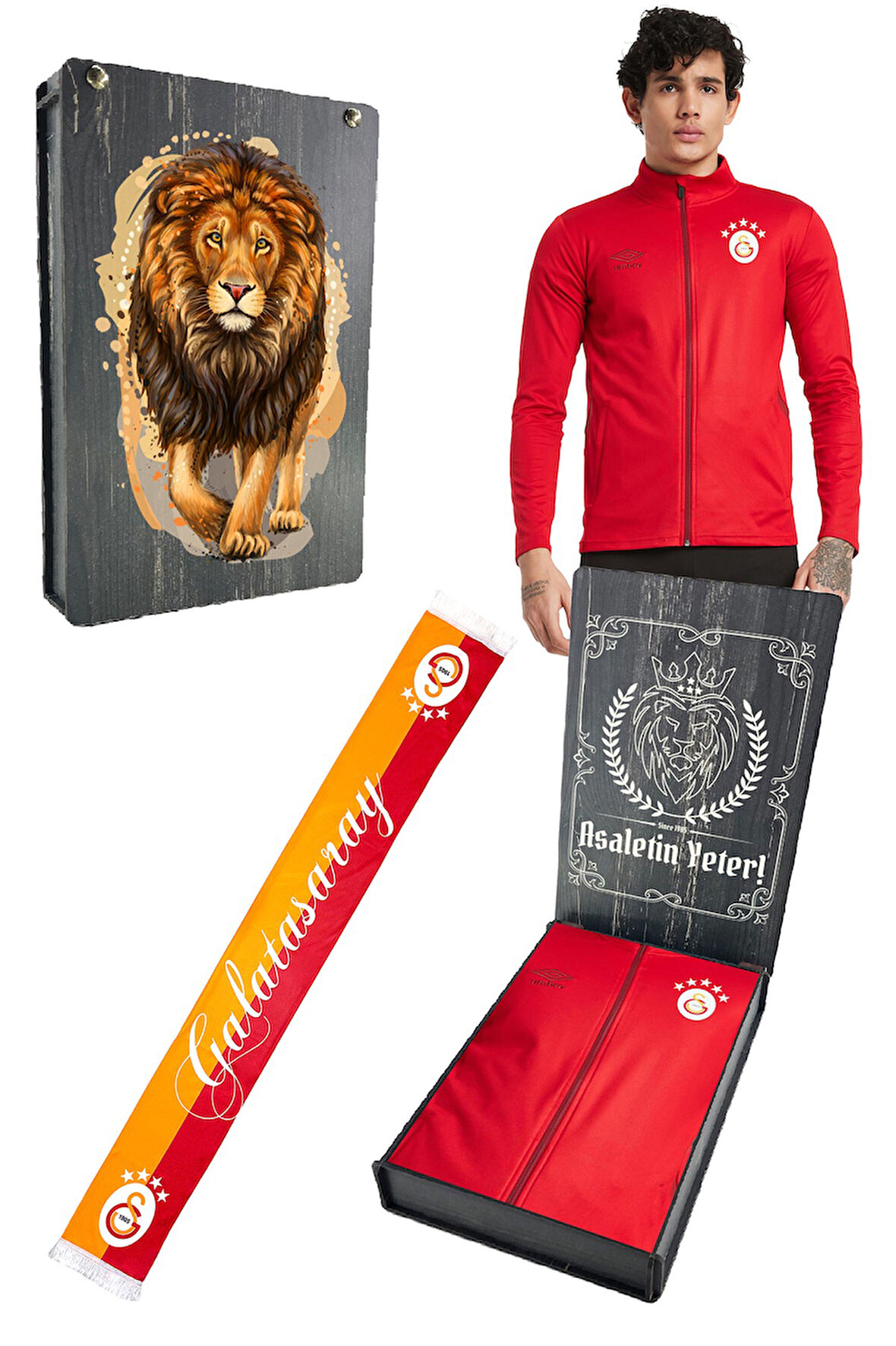 Galatasaray Orijinal Lisanslı 5 Yıldızlı Fermuarlı Kırmızı Sweat + Şal Kaşkol Set Hediyel