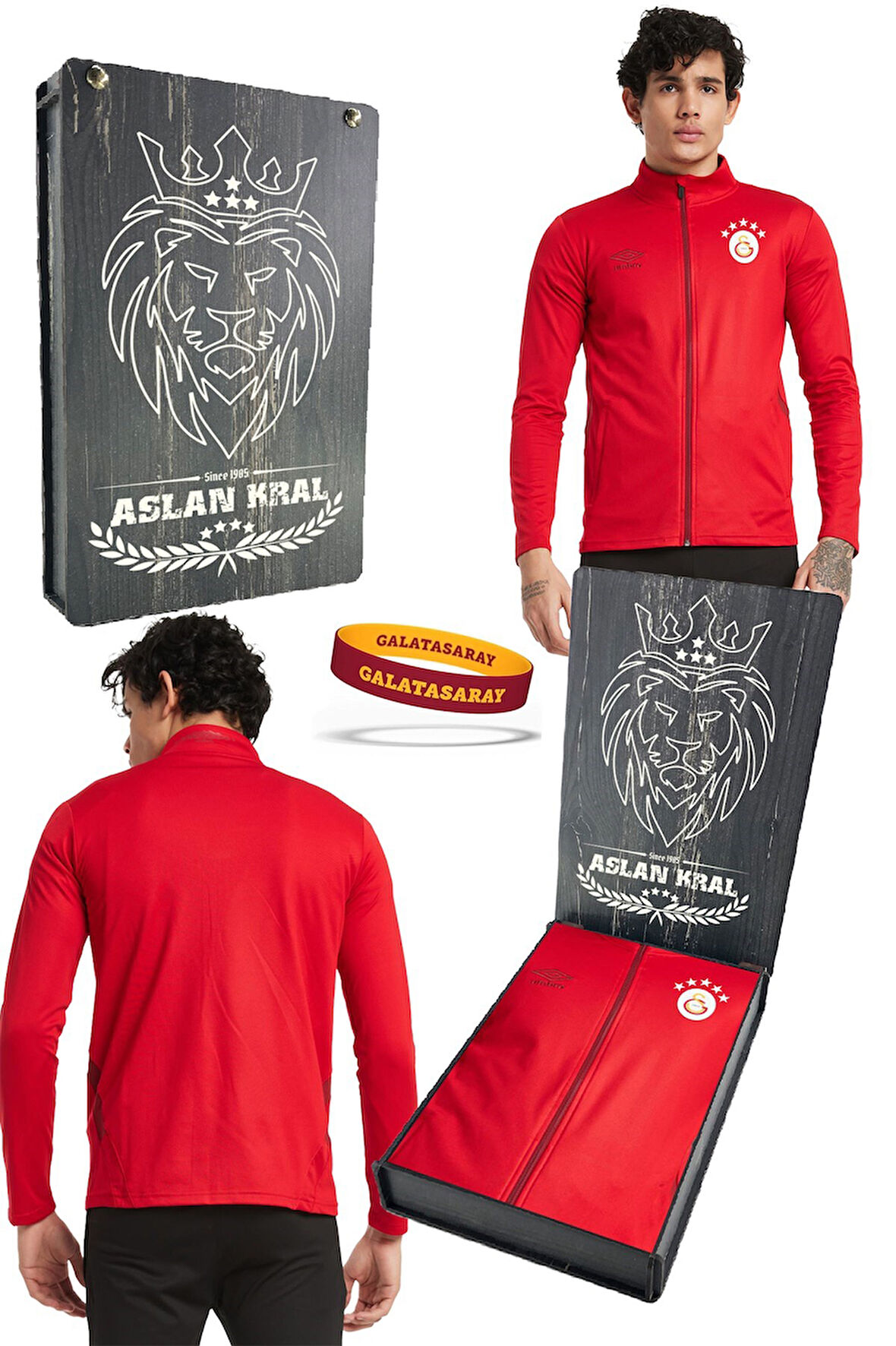 Galatasaray Orijinal Lisanslı 5 Yıldızlı Fermuarlı Kırmızı Sweat + Silikon Bileklik Set H