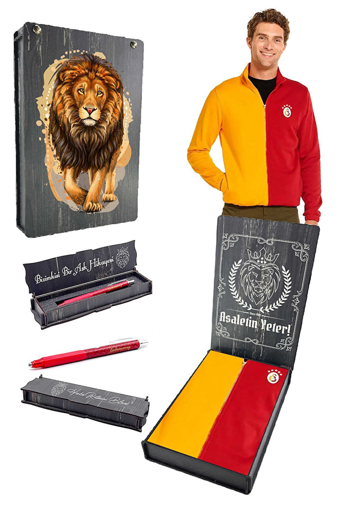 Galatasaray Orijinal Dik Yaka Tam Fermuar 5 Yıldızlı Sarı Kırmızı Sweat + Uçlu Kalem Set 