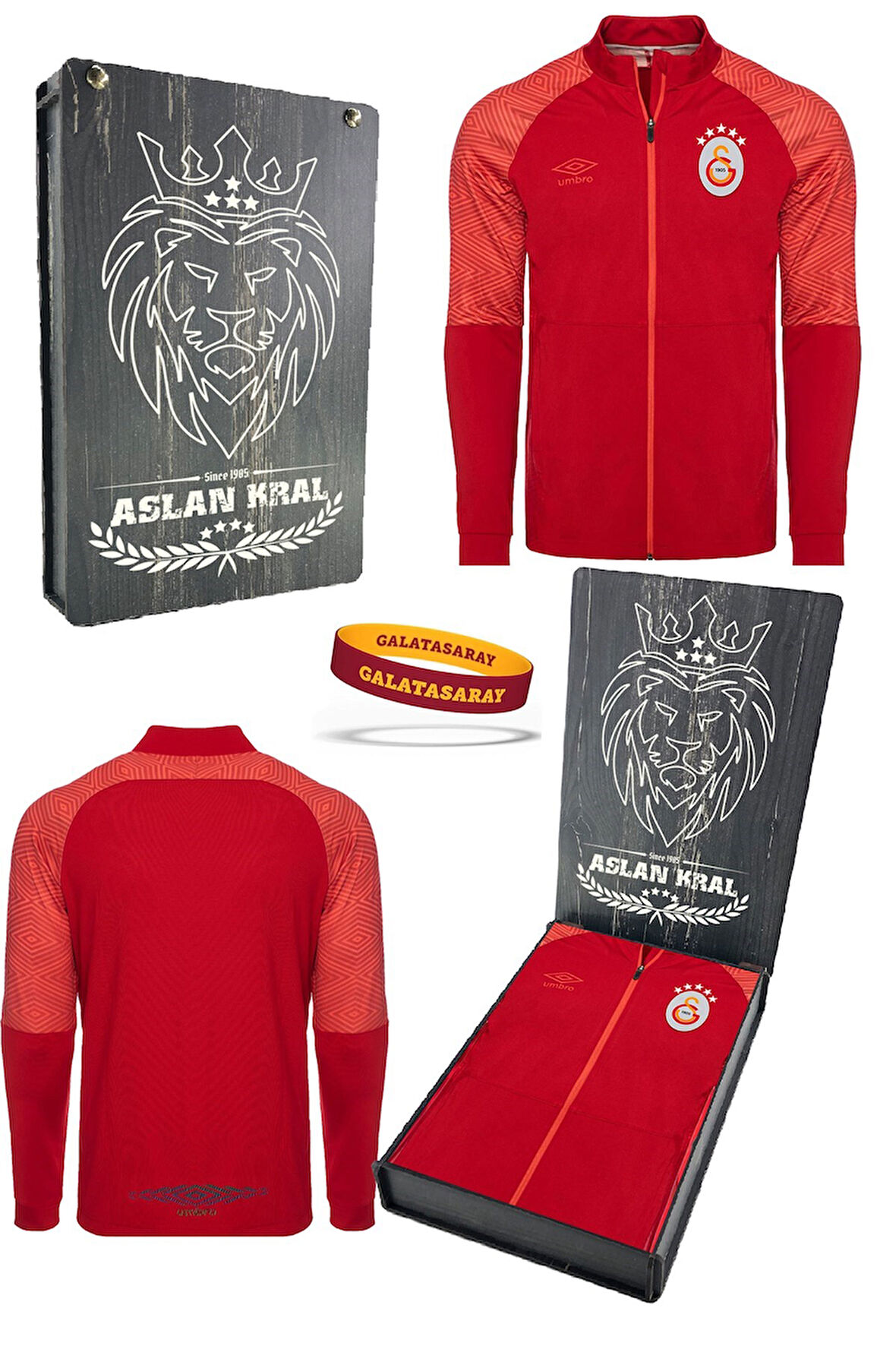 Galatasaray Orijinal Lisanslı Tam Fermuar 5 Yıldızlı Kırmızı Sweat + Silikon Bileklik Set