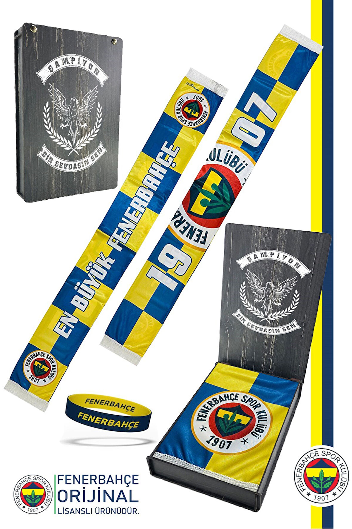 Fenerbahçe Orijinal Lisanslı En Büyük Fenerbahçe Şal Atkı ve Bileklik Set Kanarya Baskıl