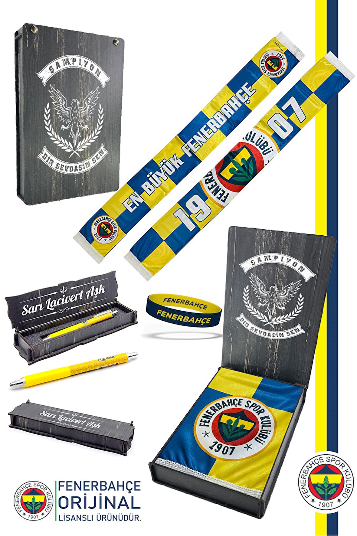 Fenerbahçe Orijinal Lisanslı En Büyük Fenerbahçe Saten Şal Atkı + Uçlu Kalem + Bileklik 
