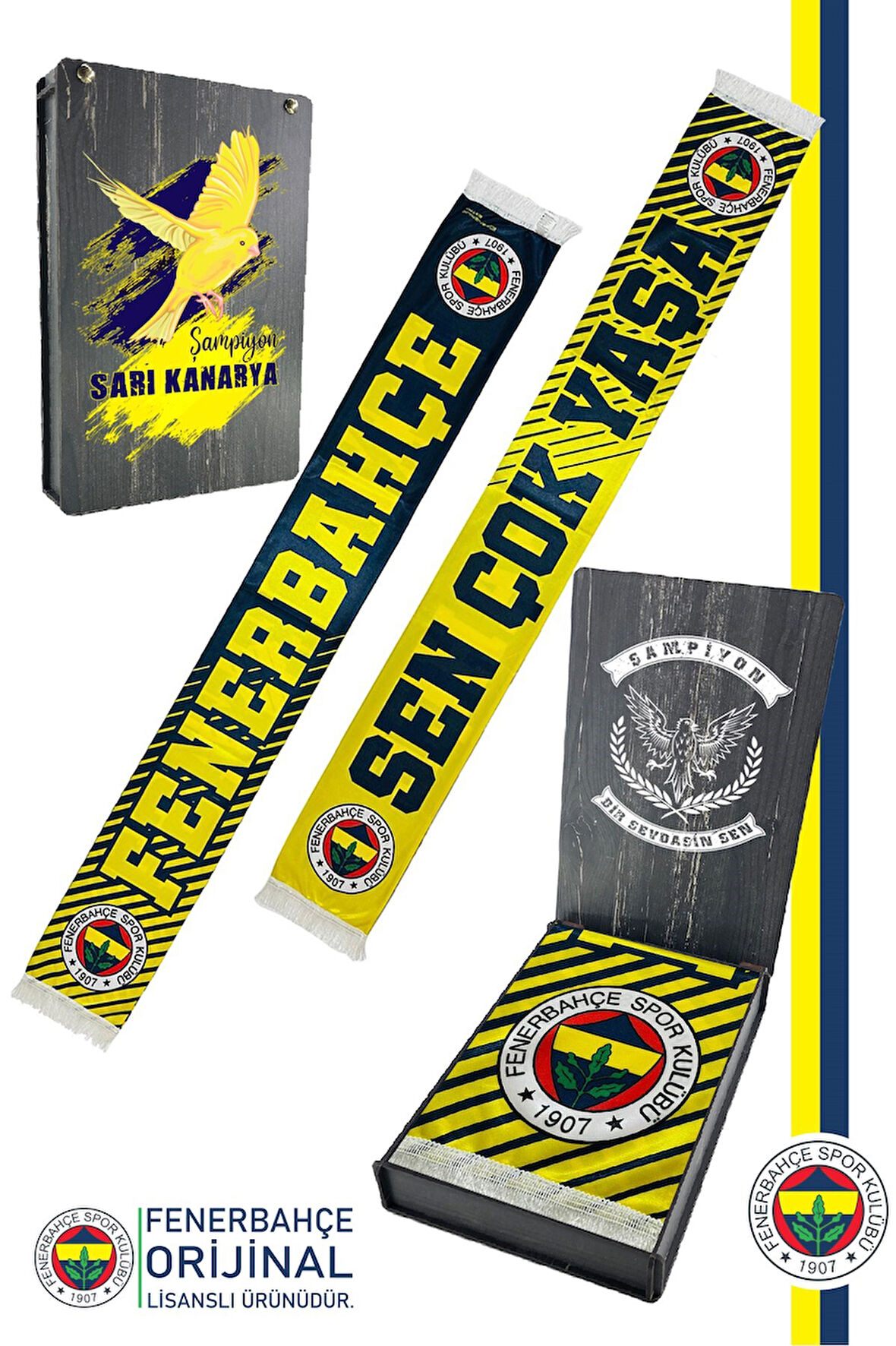 Fenerbahçe Orijinal Lisanslı Sen Çok Yaşa Fenerbahçe Şal Atkı Kanarya Baskılı Ahşap Kutu