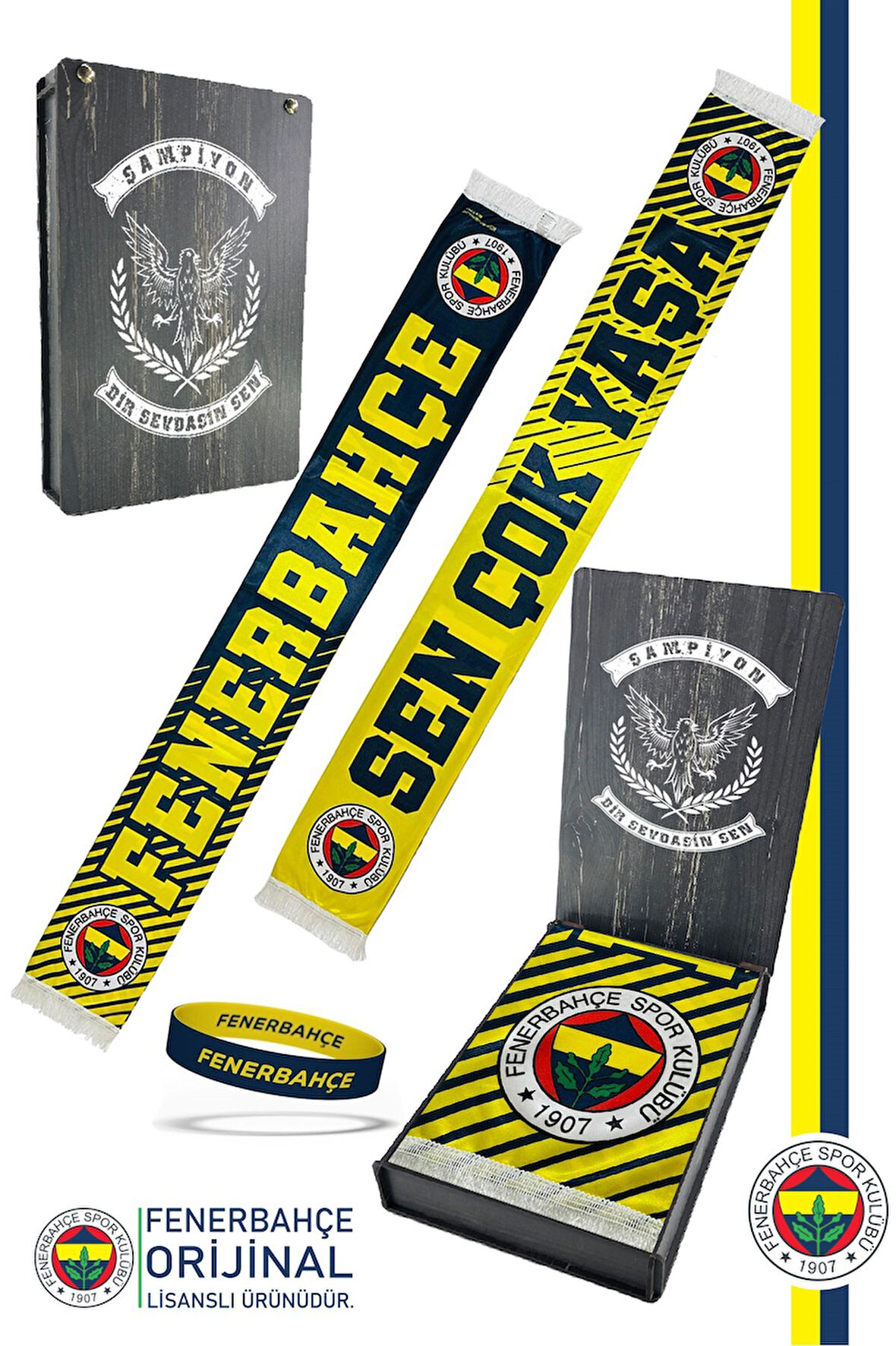 Fenerbahçe Orijinal Lisanslı Sen Çok Yaşa Fenerbahçe Şal Atkı ve Bileklik Set Kanarya Ba