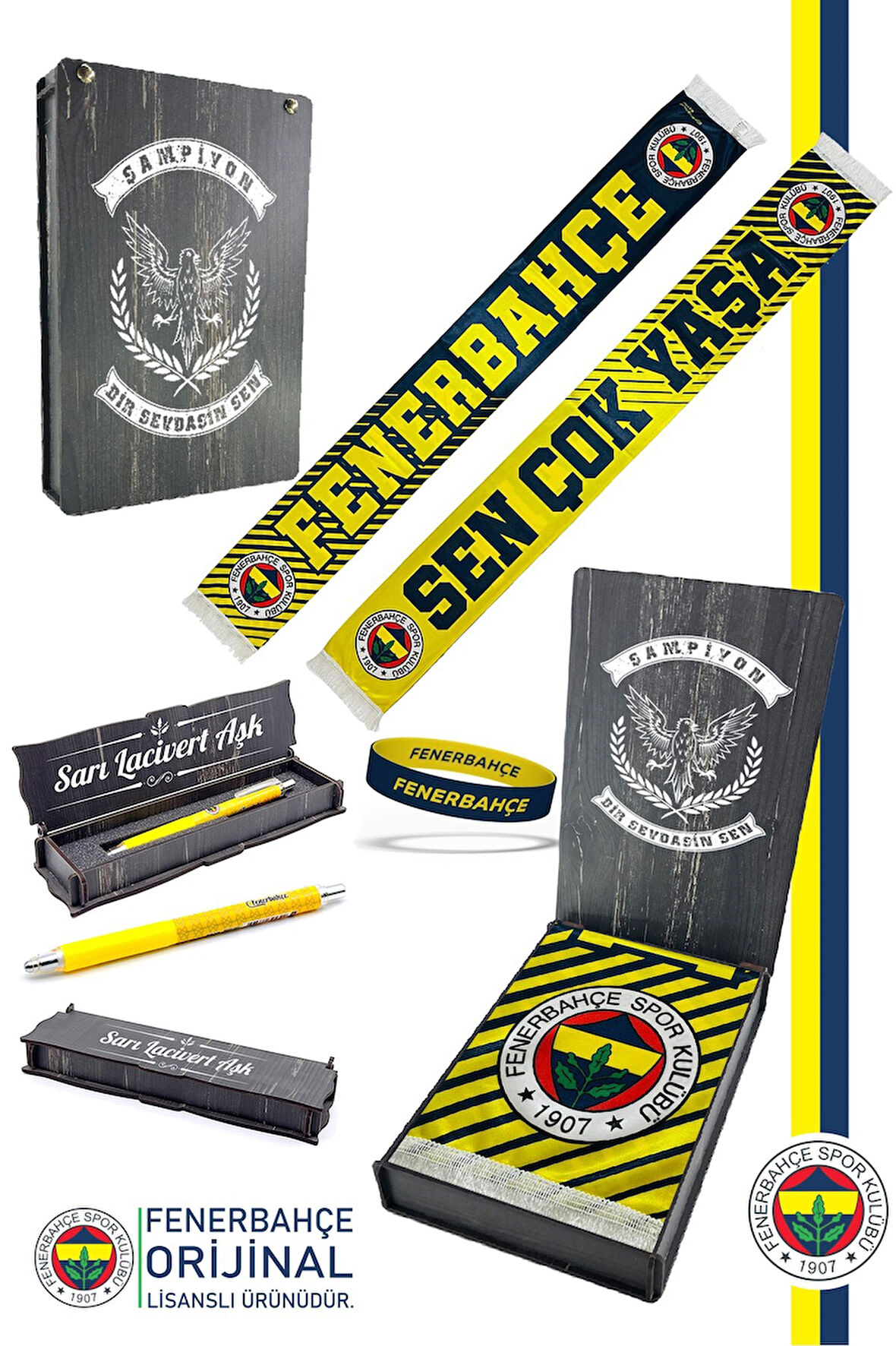 Fenerbahçe Orijinal Lisanslı Sen Çok Yaşa Fenerbahçe Saten Şal Atkı + Uçlu Kalem + Bilek
