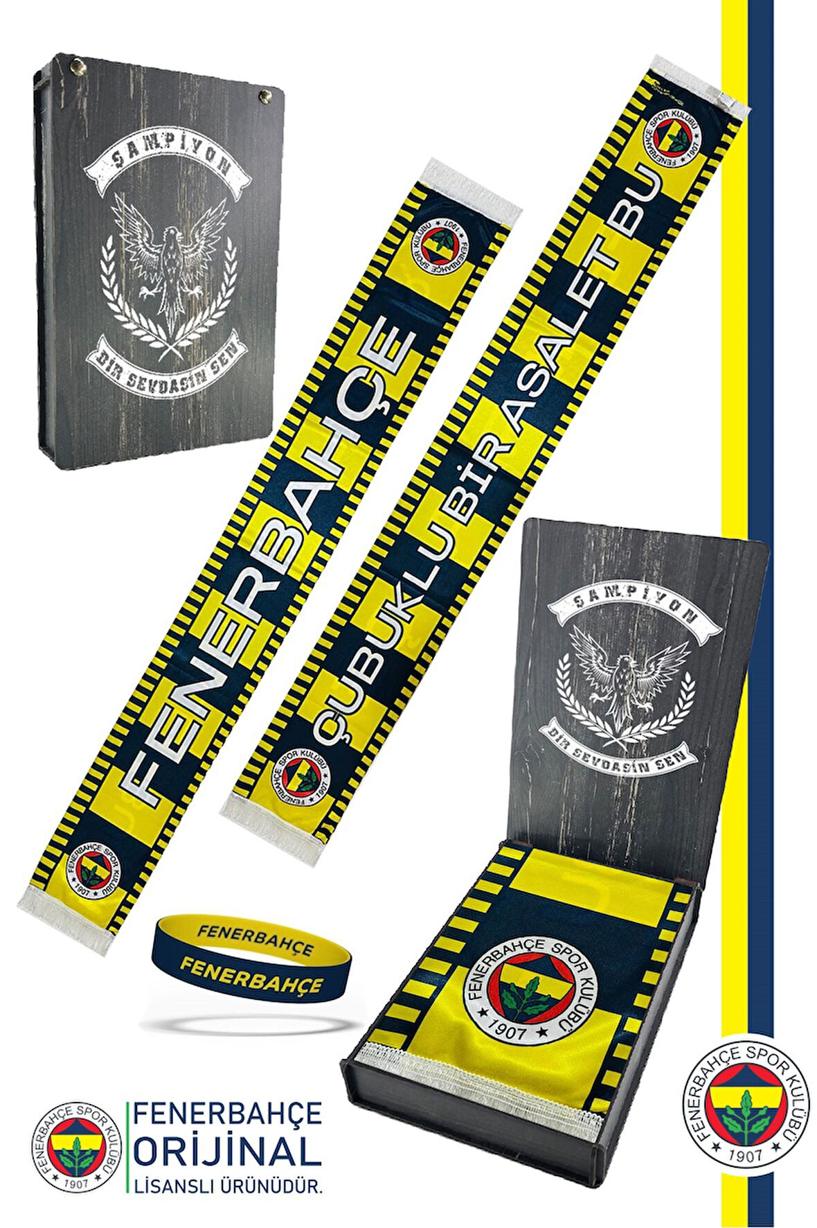 Fenerbahçe Orijinal Lisanslı Çubuklu Bir Asalet Şal Atkı ve Bileklik Set Kanarya Baskılı