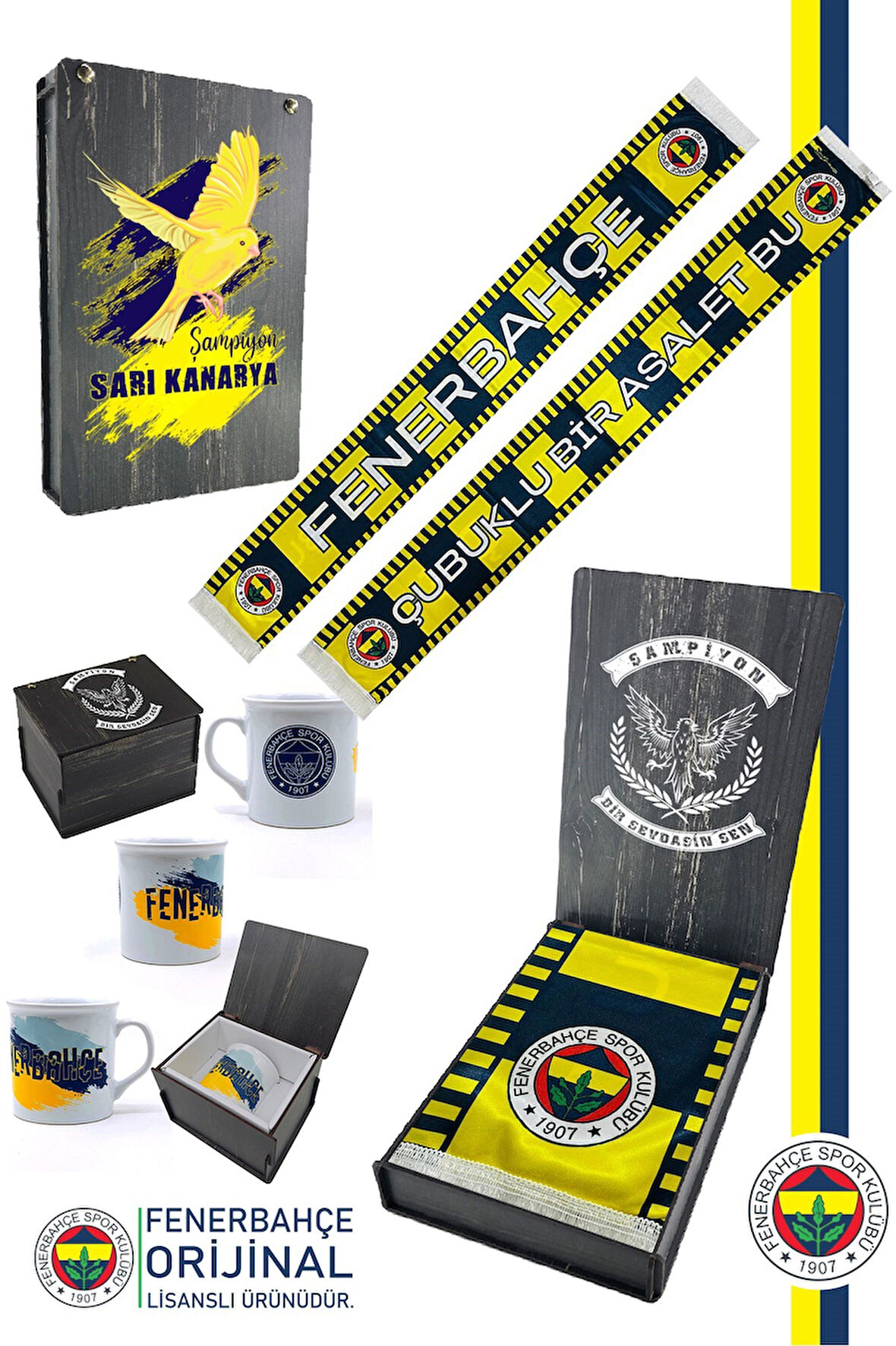 Fenerbahçe Orijinal Lisanslı Çubuklu Bir Asalet Şal Atkı Seramik Kupa Set Kanarya Baskıl