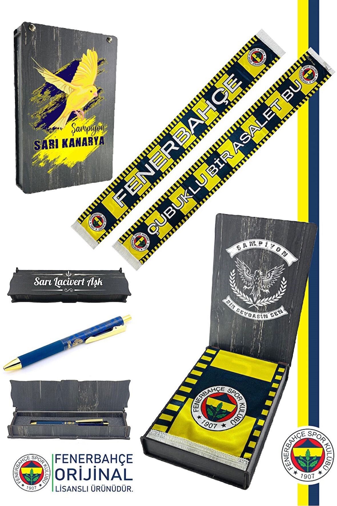 Fenerbahçe Orijinal Lisanslı Çubuklu Bir Asalet Şal Atkı ve Hybrit Tükenmez Kalem Set Ka
